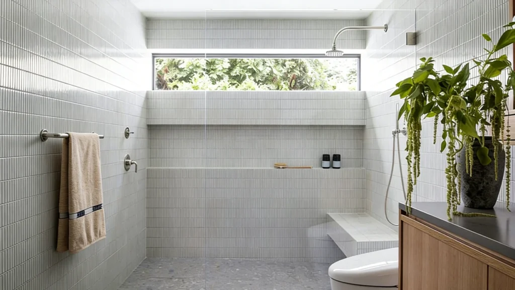 A cost-effective bathroom layout featuring a tiled pony wall with a glass panel, illustrating a budget-friendly alternative to expensive floor-to-ceiling glass.