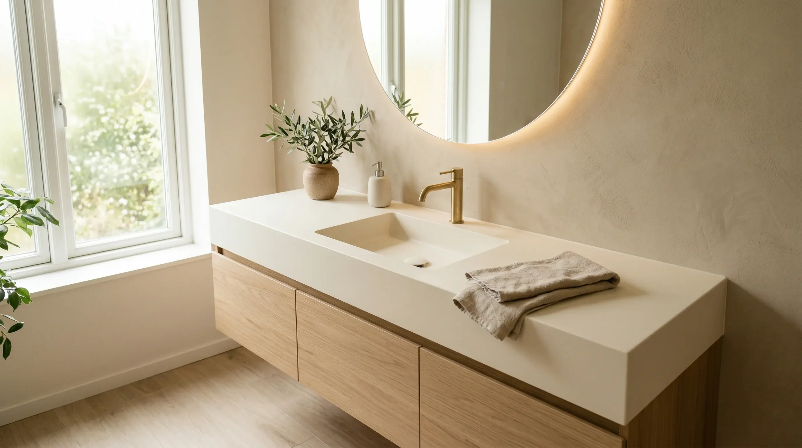 Solid surface countertop with integrated sink for seamless hotel bathroom vanities