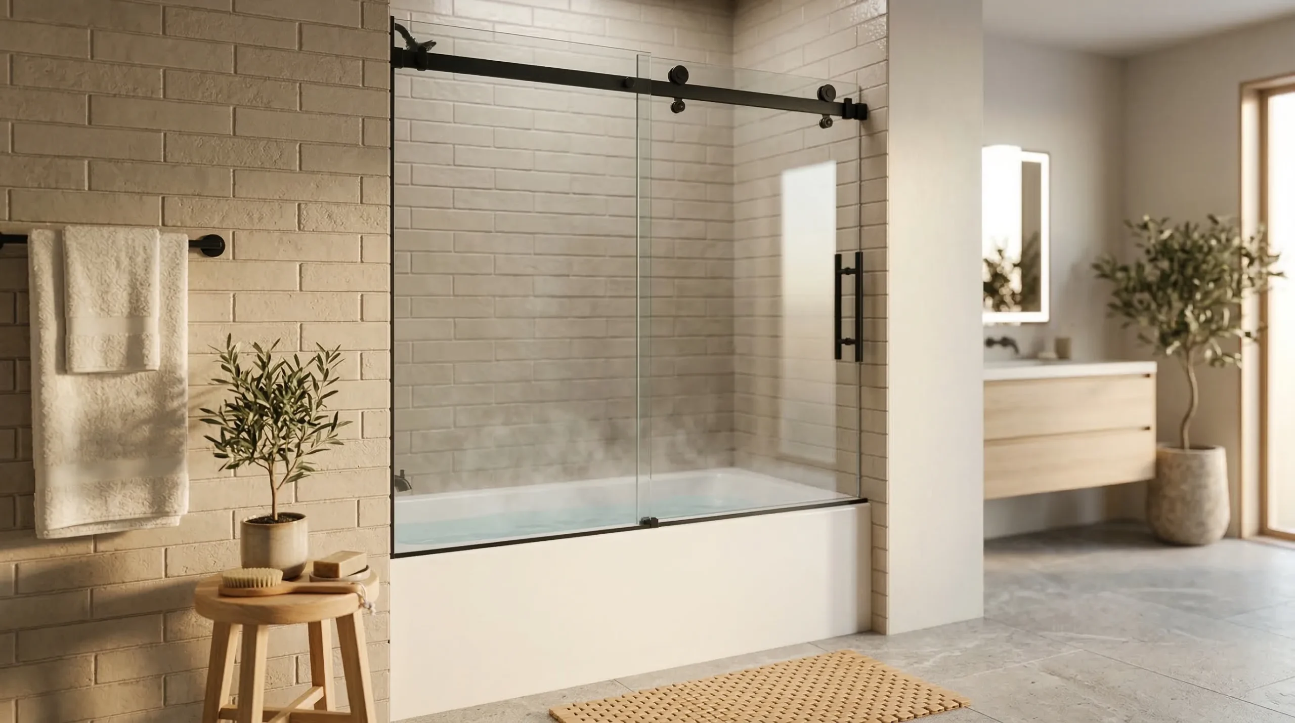 Sliding shower doors for bathtub installations in hospitality projects