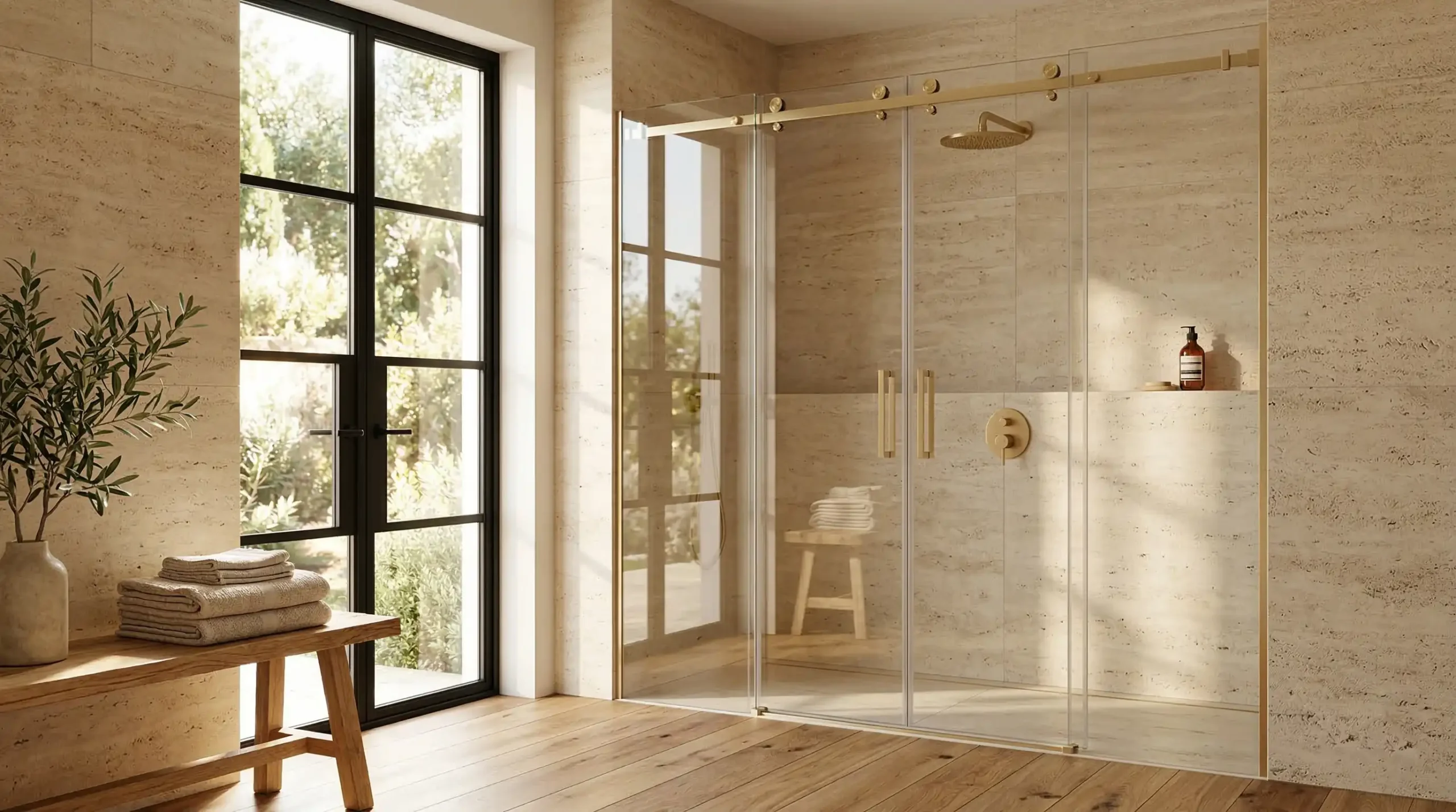 Luxury gold sliding shower doors for high-end hotel suites