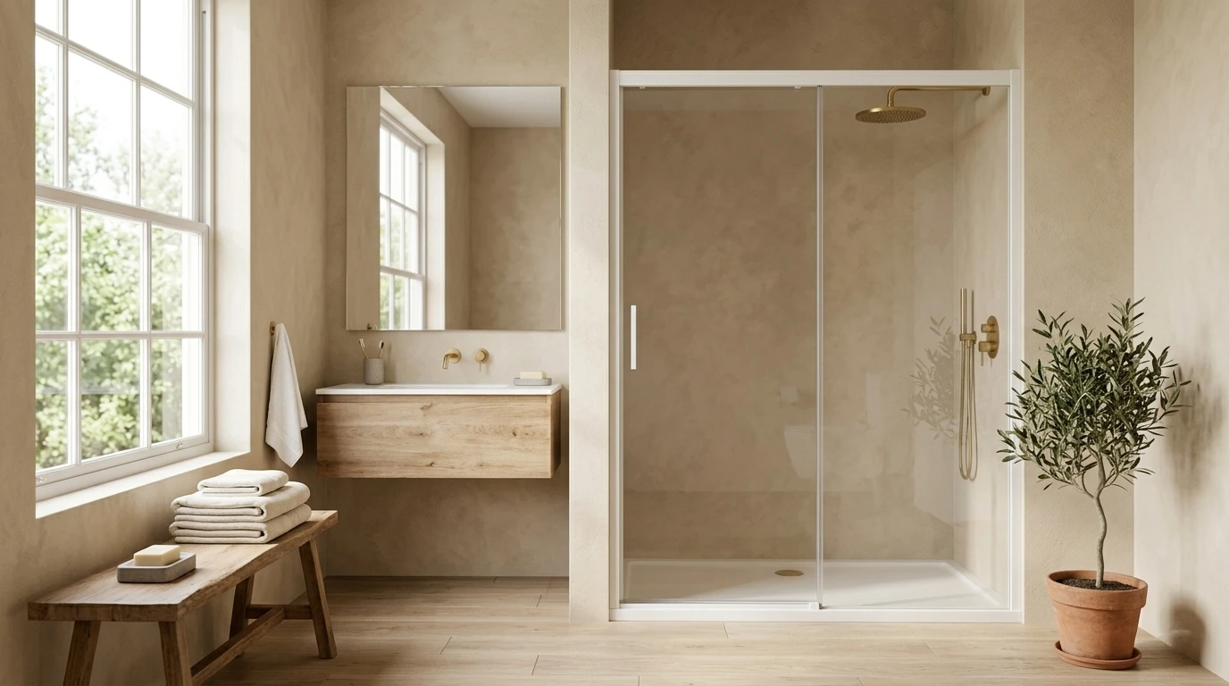 Modern white sliding shower doors for multi-family apartment developments