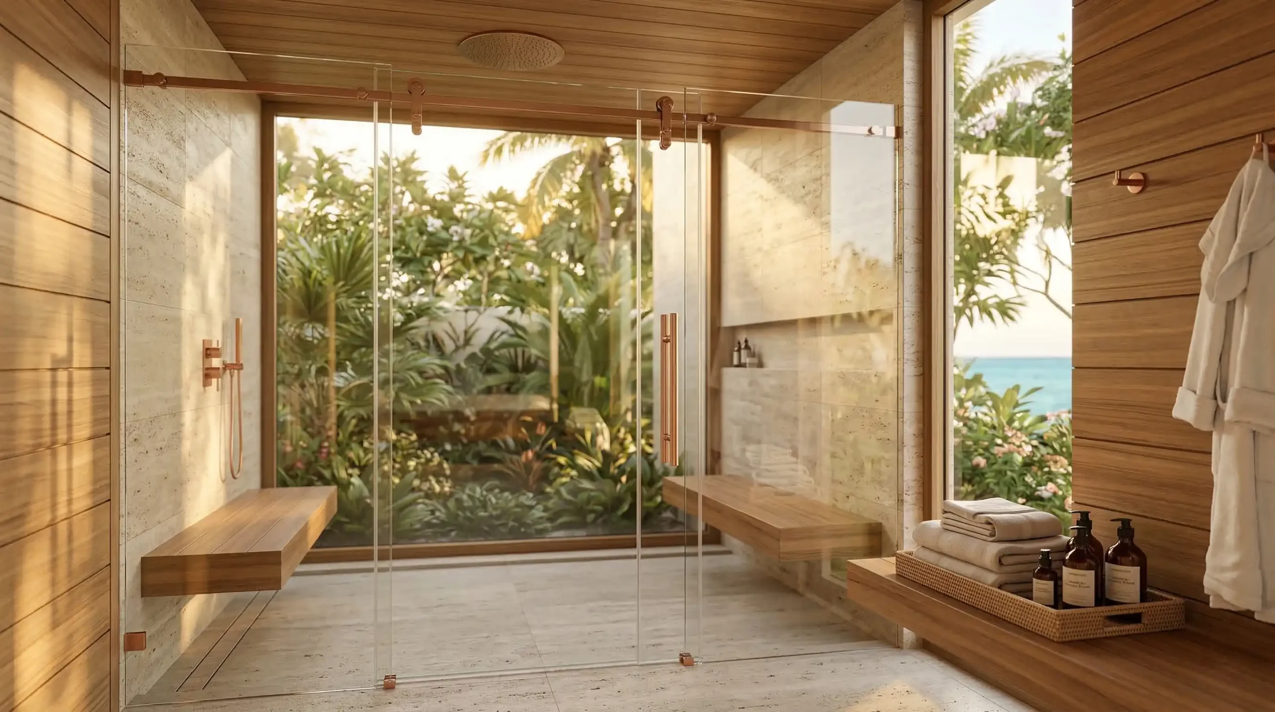 Custom glass sliding shower enclosures designed for luxury resorts
