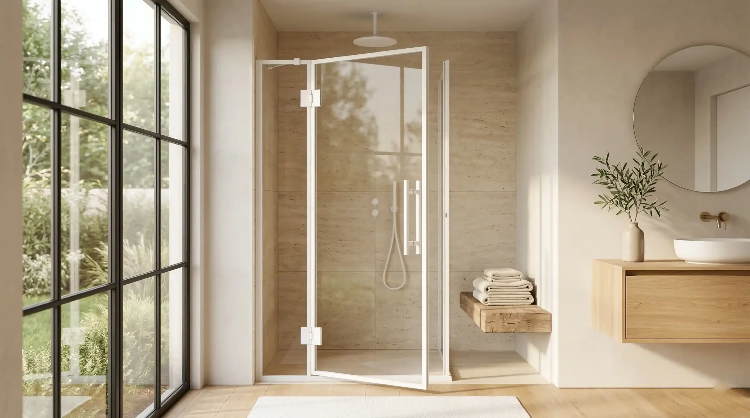 Modern white pivot shower doors for apartment complex renovations