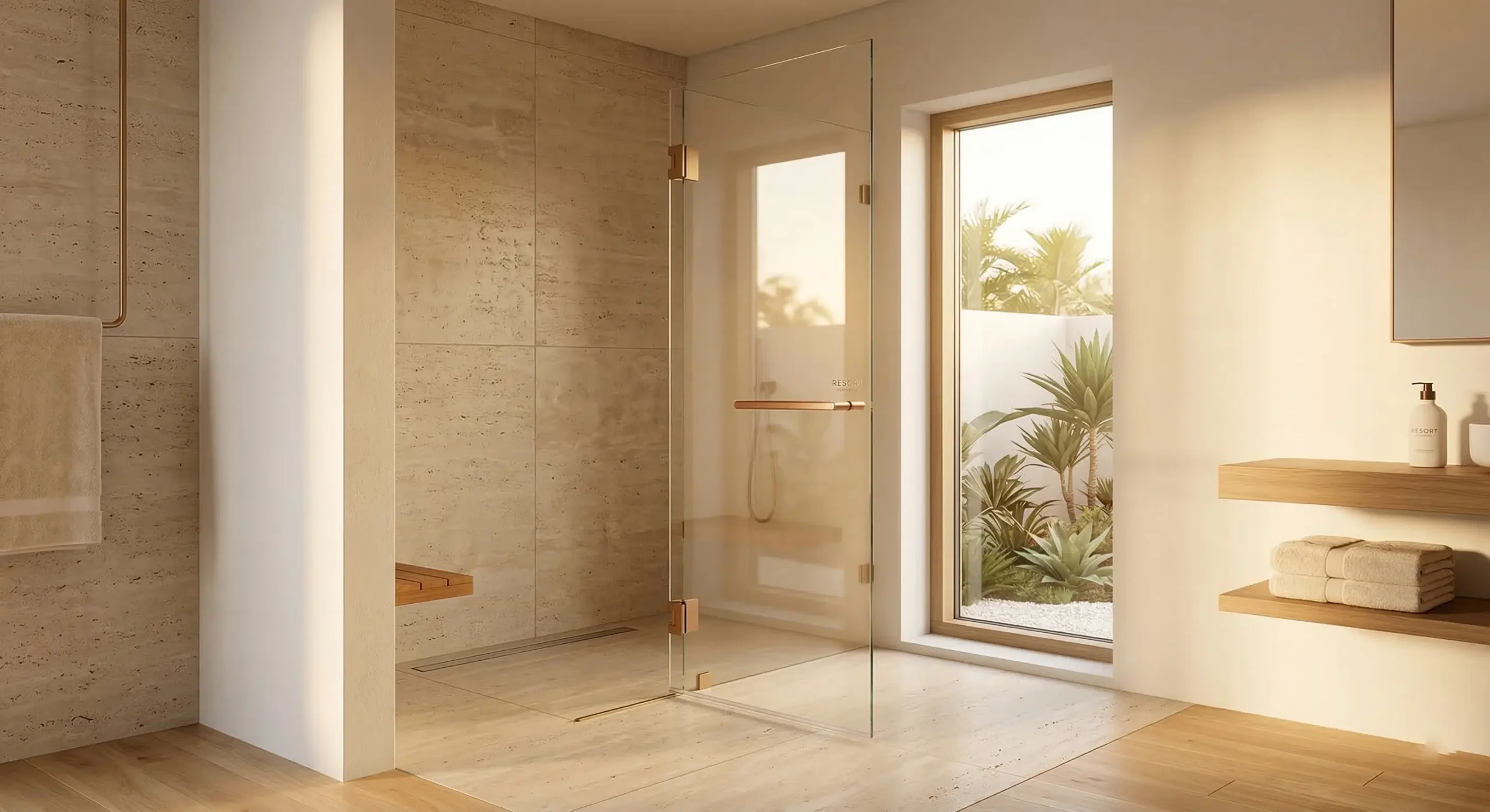Custom glass pivot shower doors tailored for luxury resort renovations