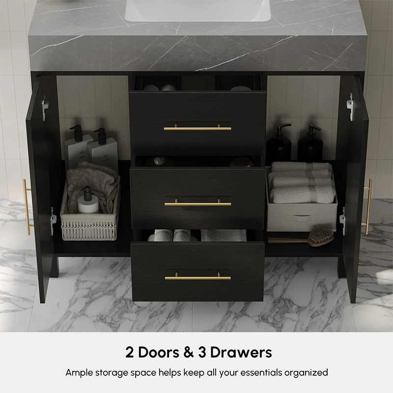 HW0005 1000mm matte black hotel vanity featuring 2 spacious cabinets and 3 precision drawers with brushed gold handles. The storage layout is designed for guest convenience in high-end resort bathrooms