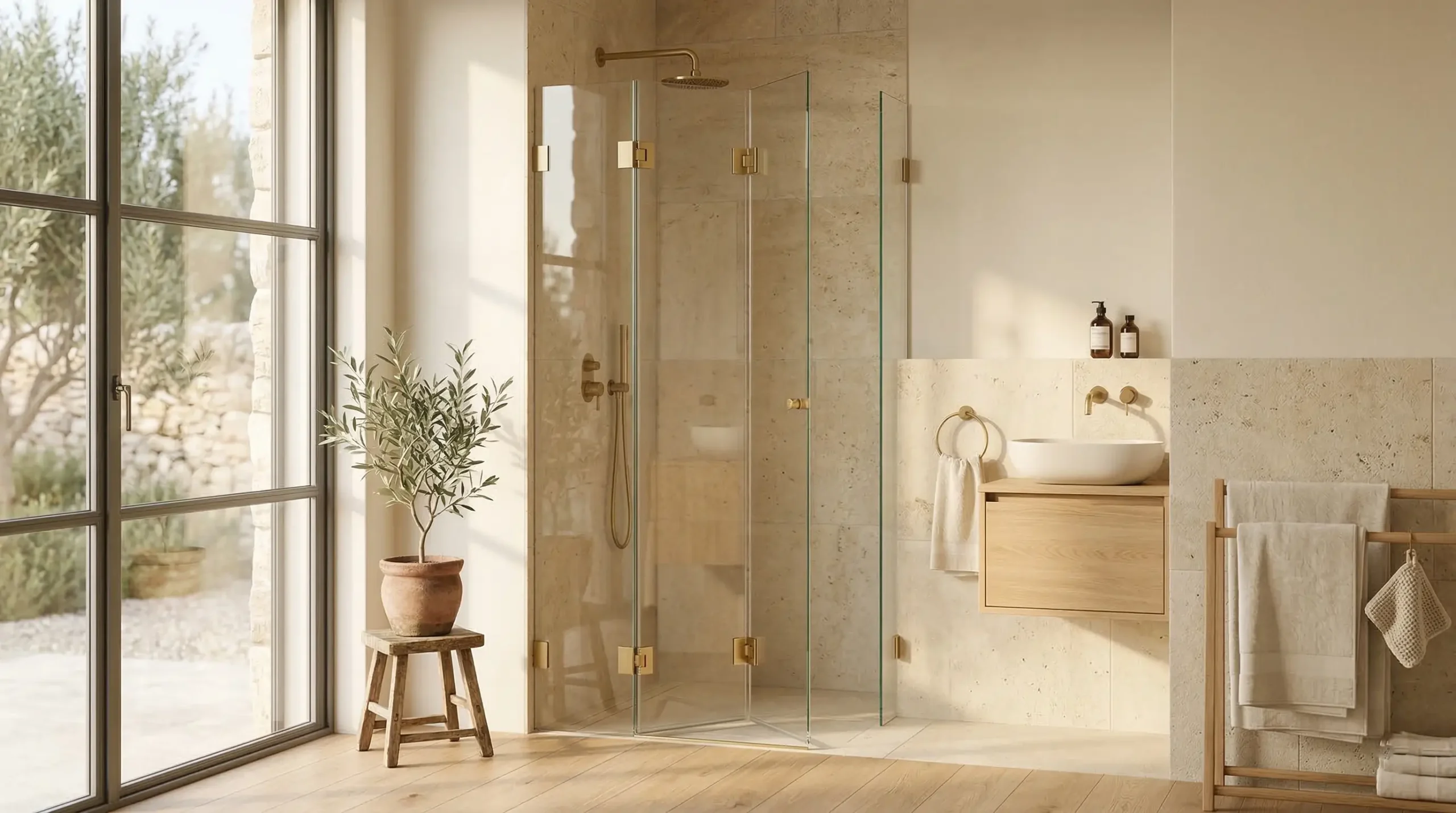 Space-saving frameless bifold shower door for compact hotel bathrooms