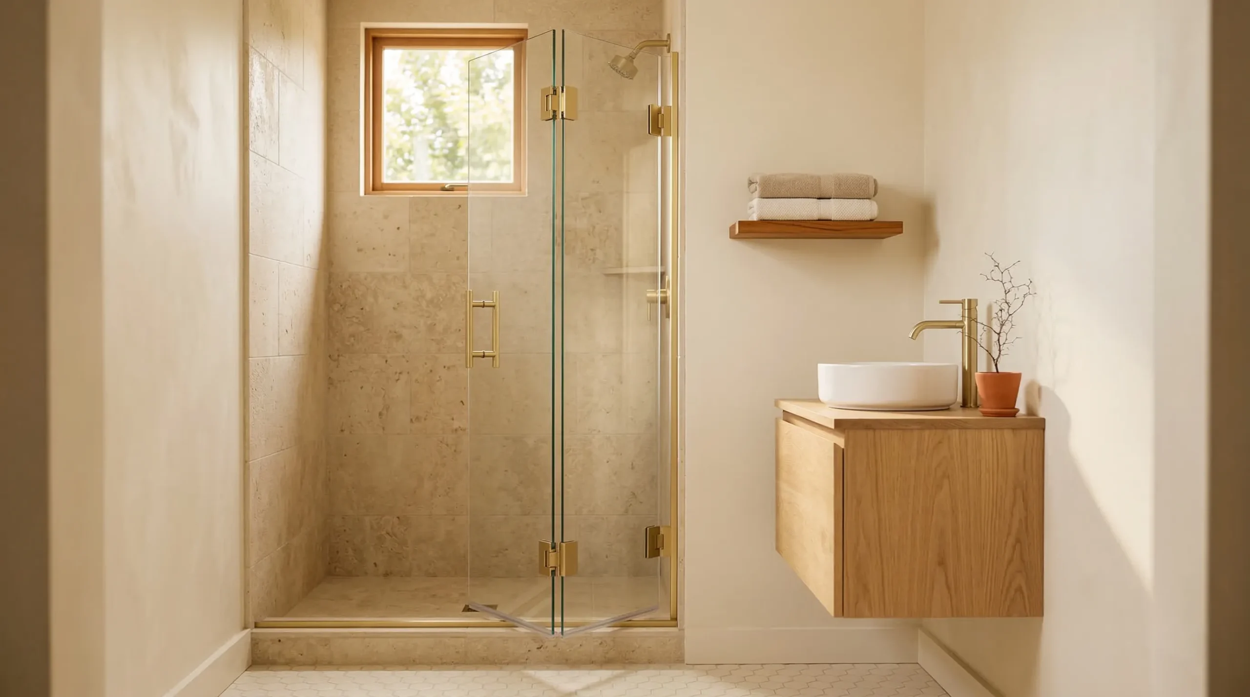 Folding shower doors specially designed for small resort bathrooms