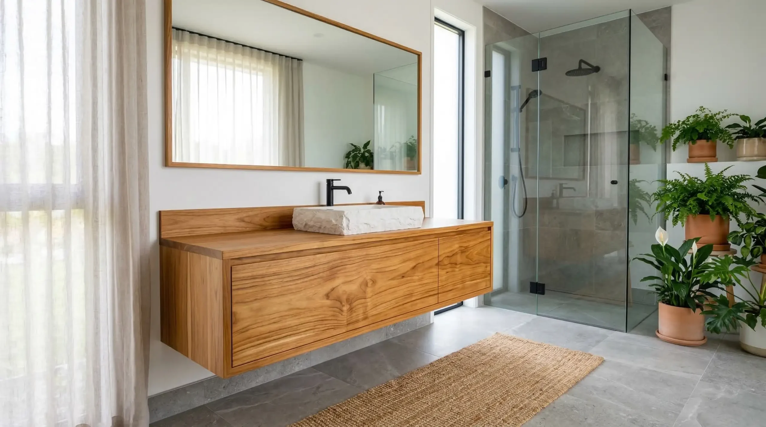 teak floating bathroom vanity