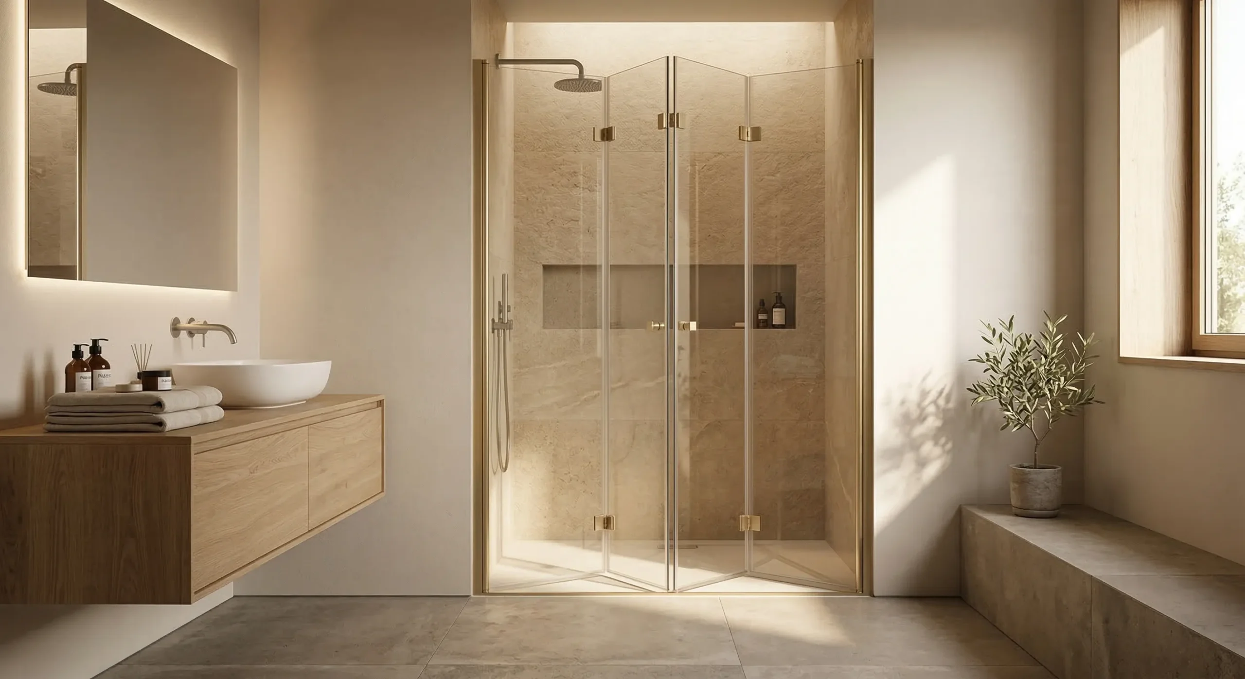 Premium hotel bathroom folding shower doors maximizing entry space