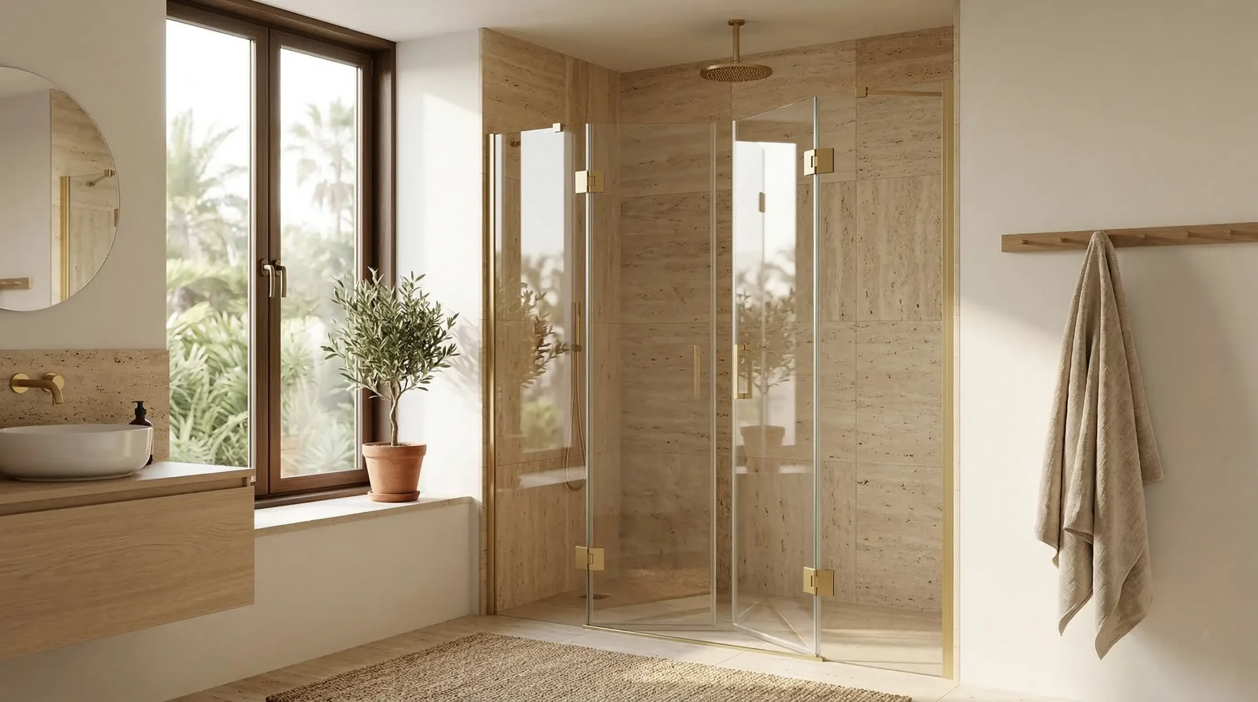 Space-saving bi-fold glass shower enclosures for high-end resorts