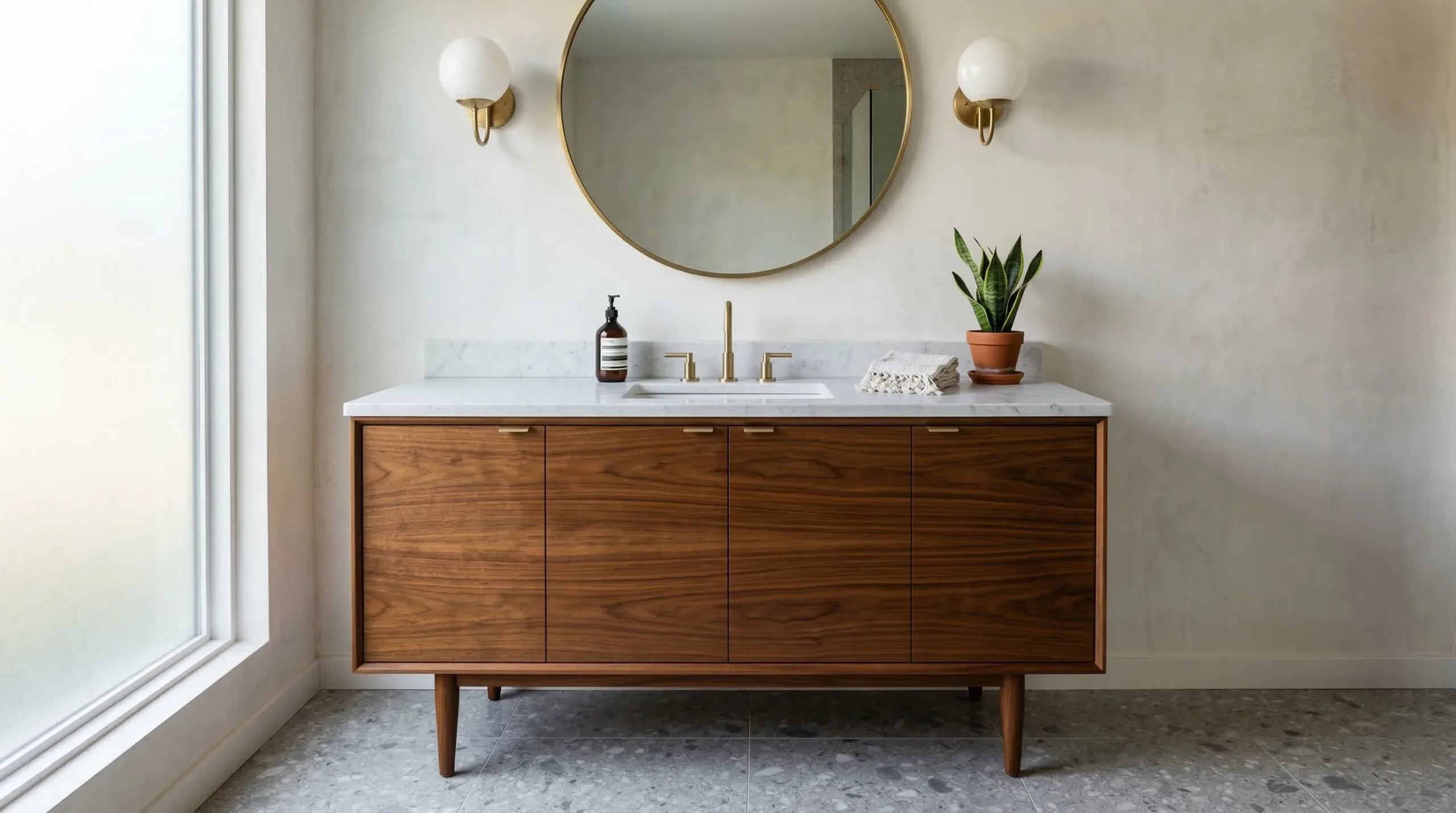 teak mid century bathroom vanity