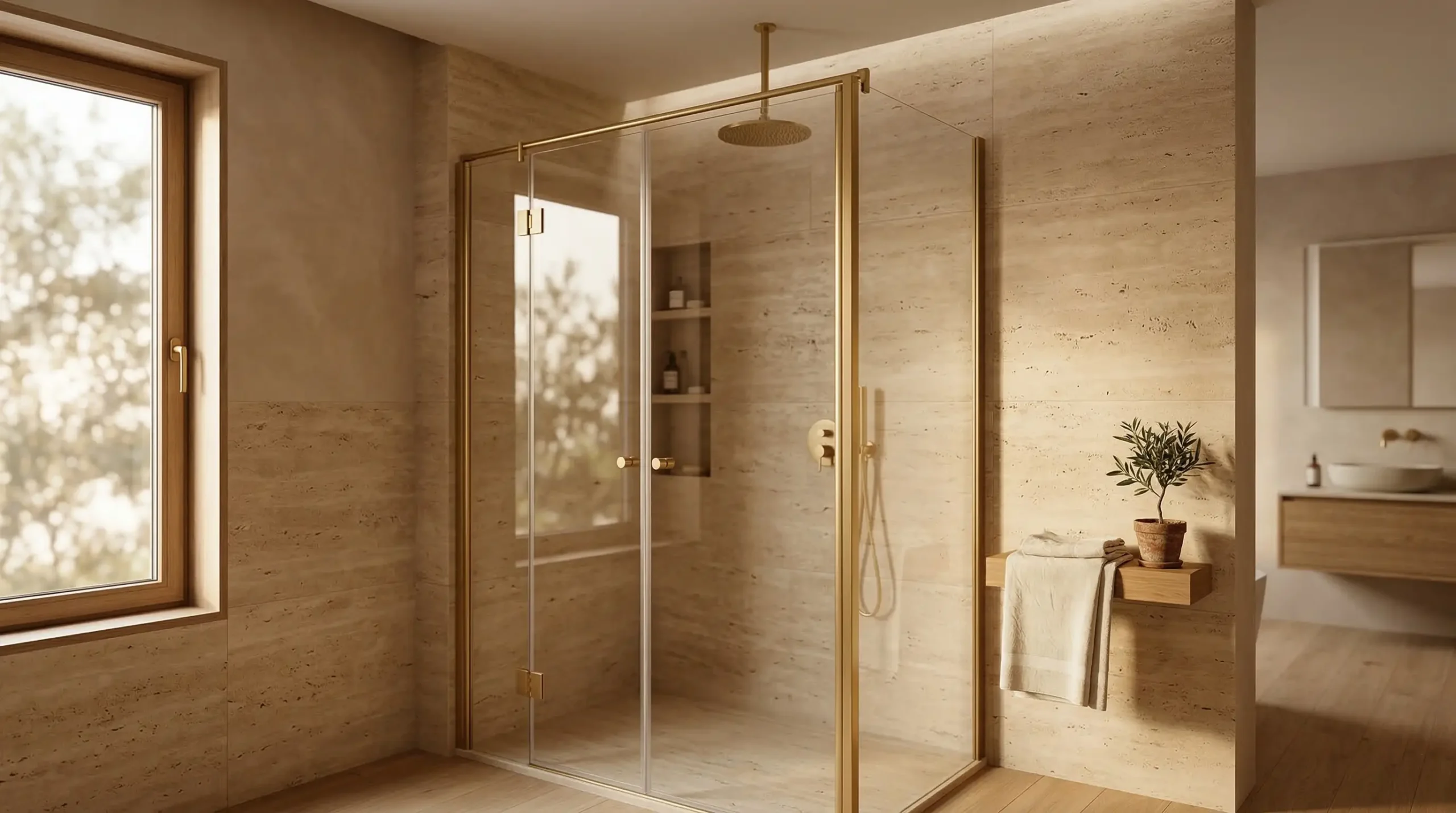 Luxury gold frame shower doors for resort guestroom renovations
