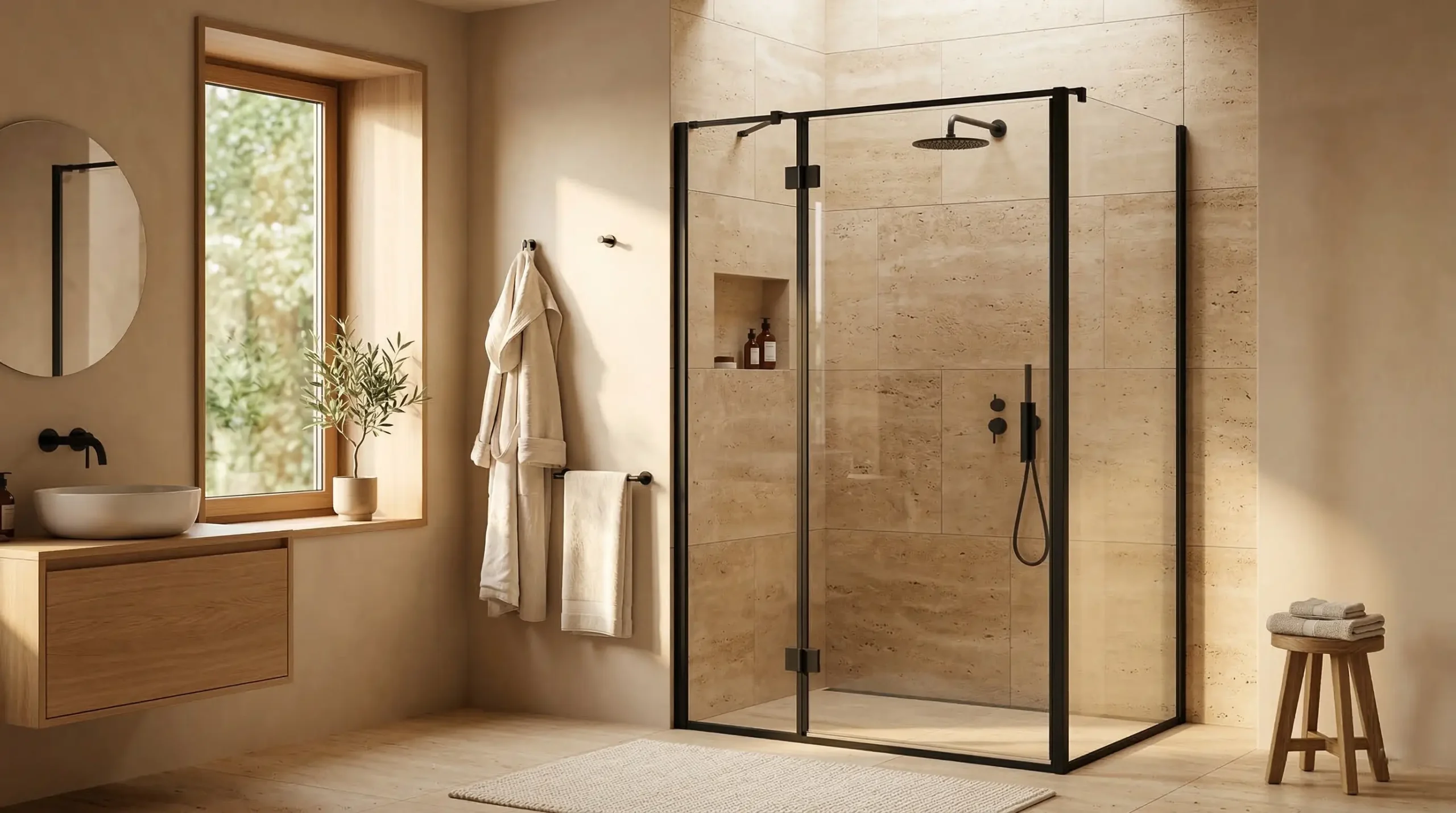 Modern black frame shower doors for hospitality bathroom projects