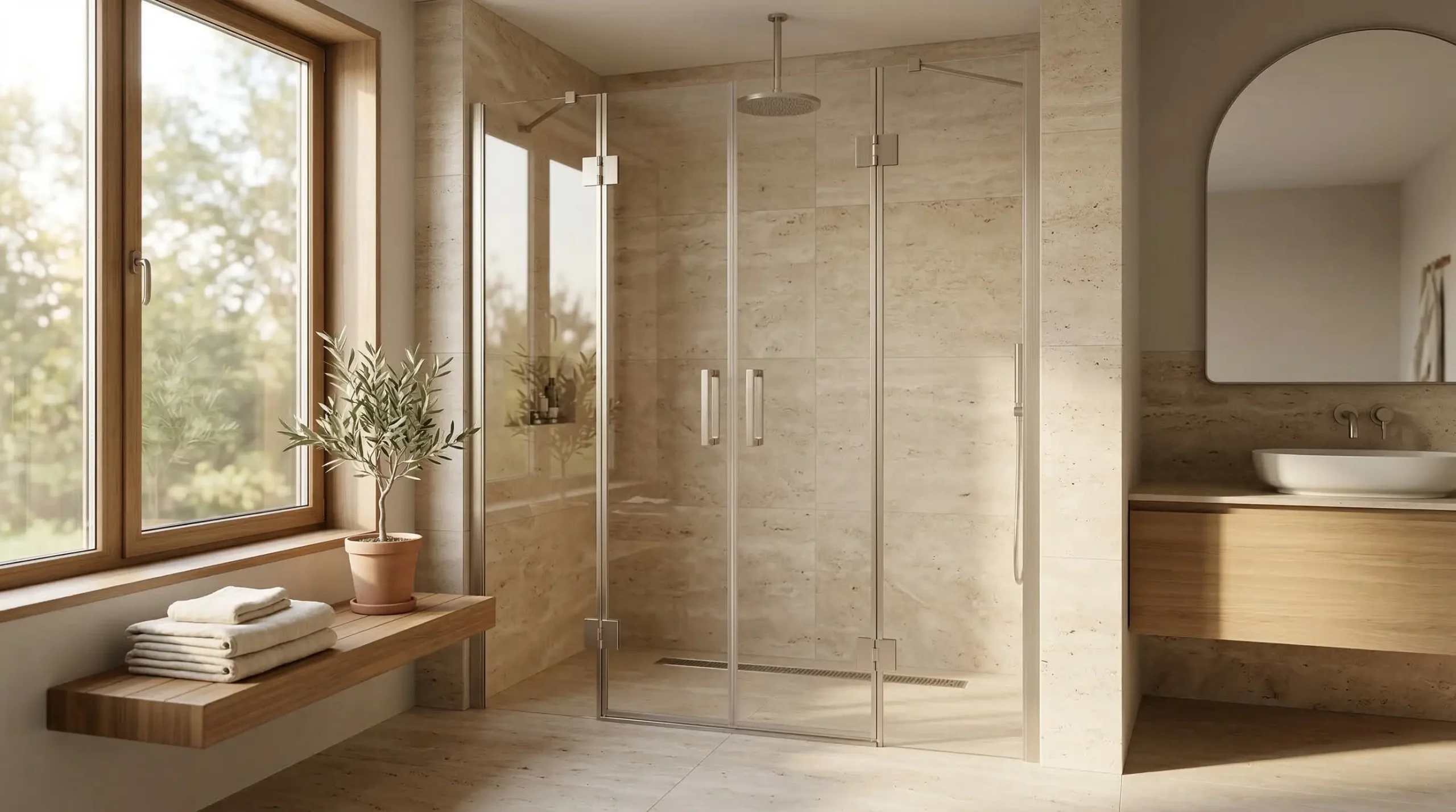 Commercial framed shower doors in brushed nickel finish