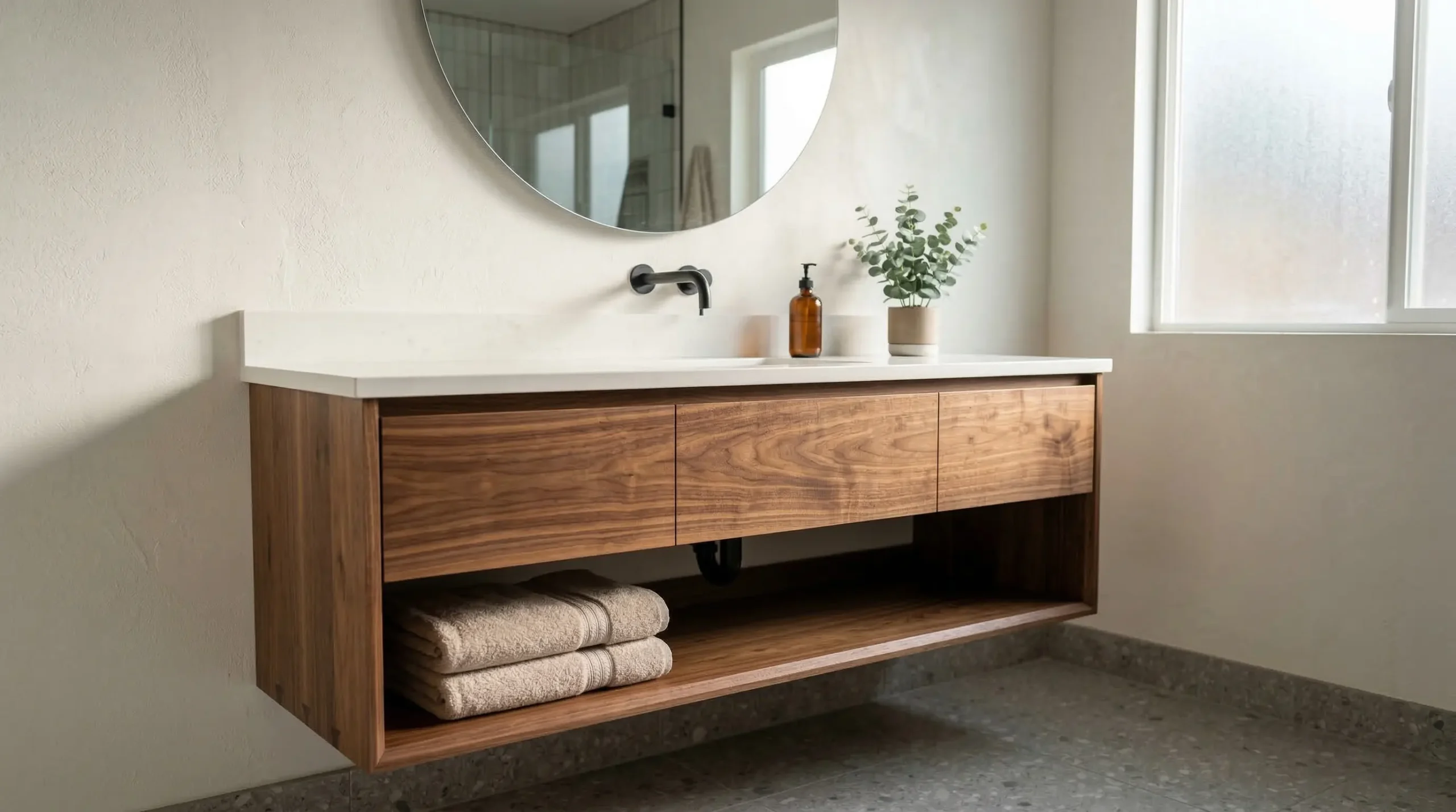 Floating single solid wood bathroom vanity