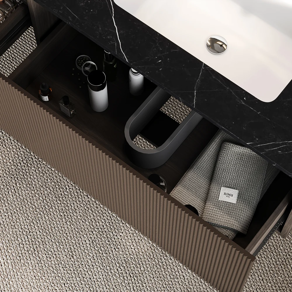 85-inch Luxury Black Floating Double Vanity with Sintered Stone Countertop and Integrated Dressing Unit - HW0007, Moisture-Resistant Plywood & Ceramic Synergy 85-inch Luxury Black Floating Double Vanity with Sintered Stone Countertop and Integrated Dressing Unit - HW0007, Moisture-Resistant Plywood & Ceramic Synergy