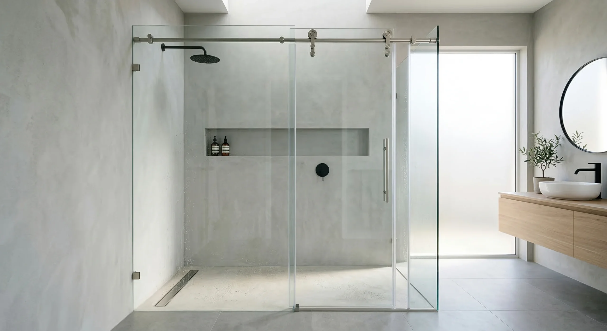 Sliding frameless shower doors for high-end resort bathroom renovations