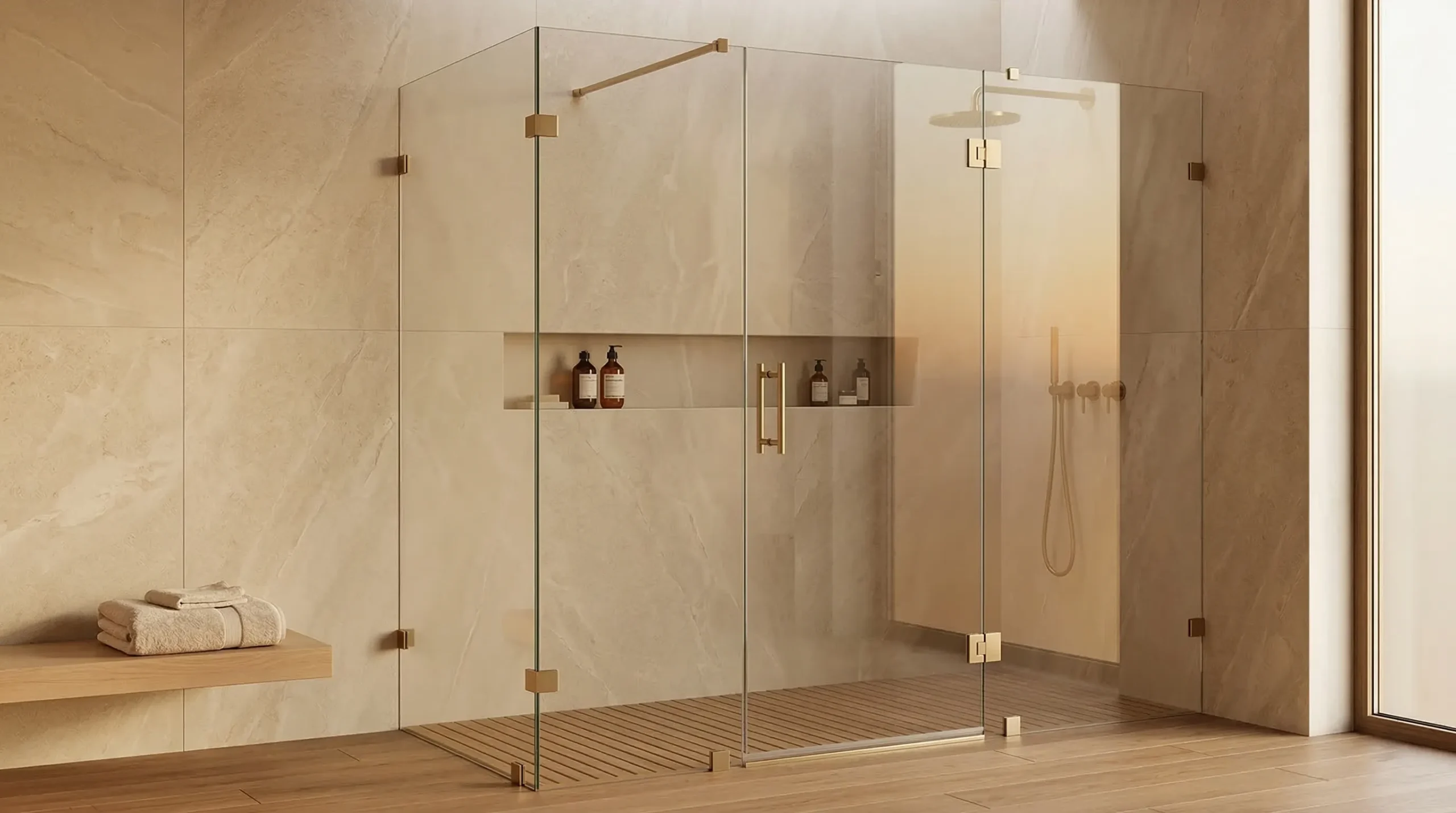Modern frameless shower doors providing an upscale and spacious feel