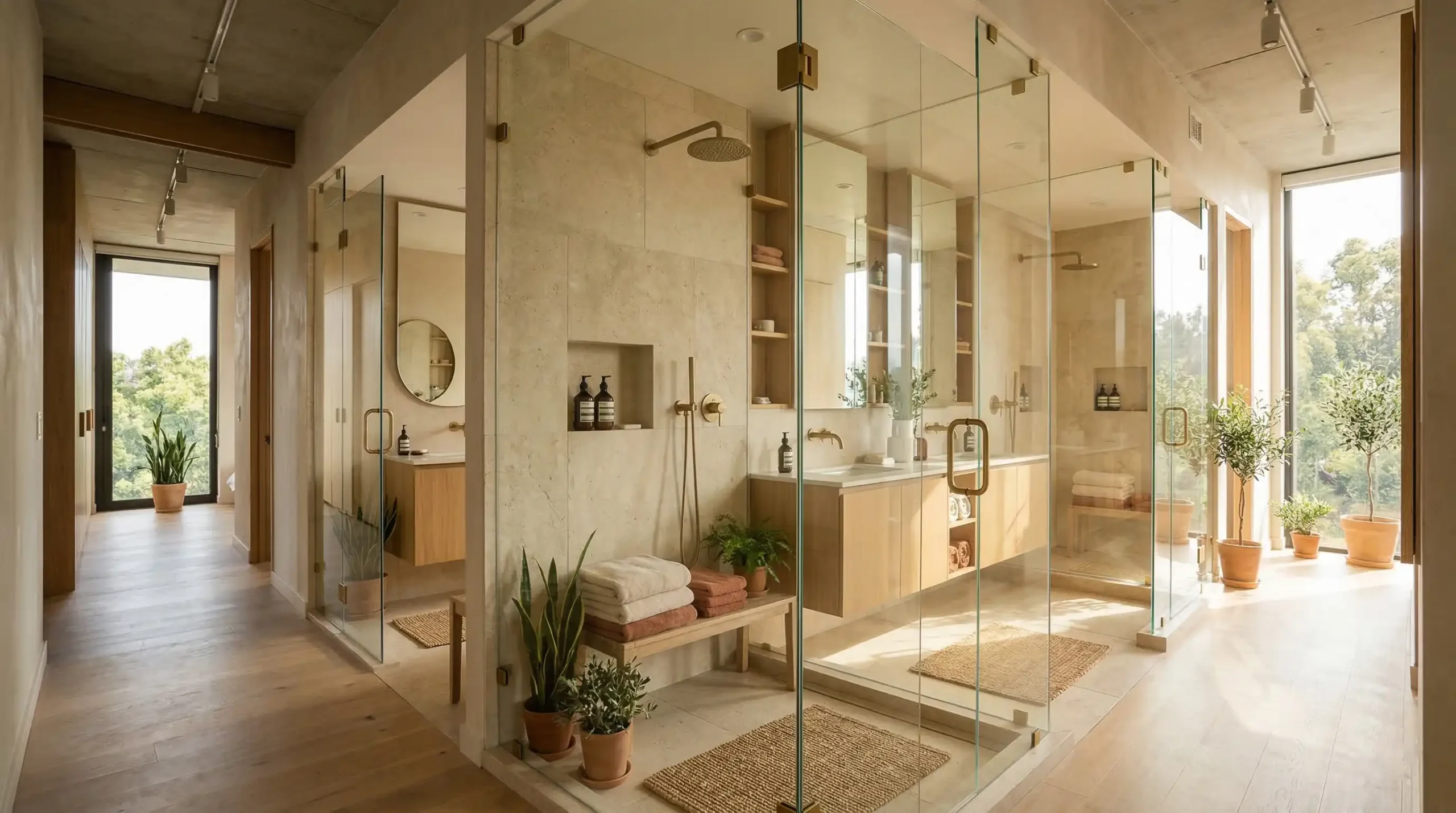 Modern frameless shower enclosures optimized for multi-family residential units