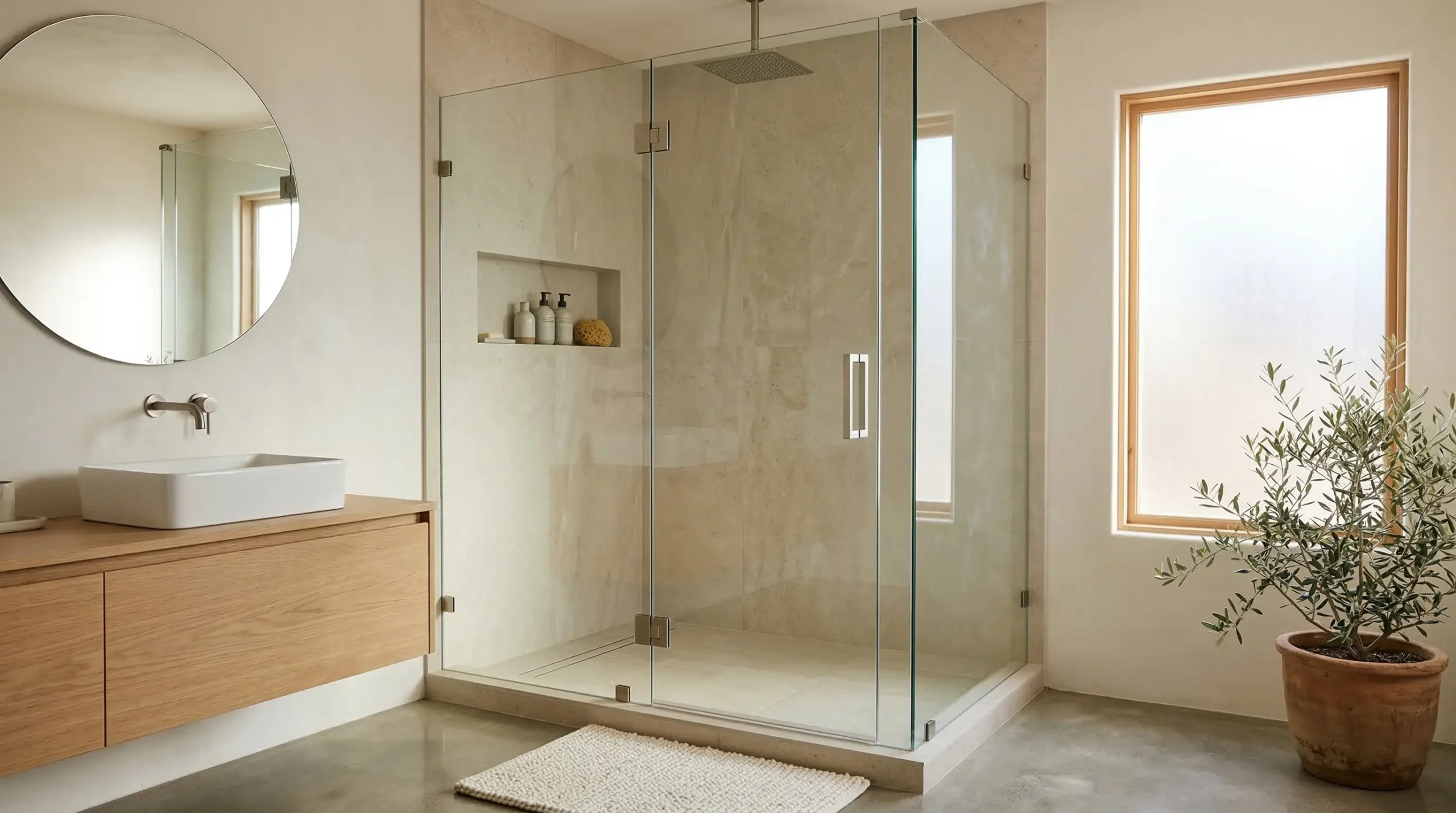 Rectangular shower doors maximizing bathroom space for commercial projects