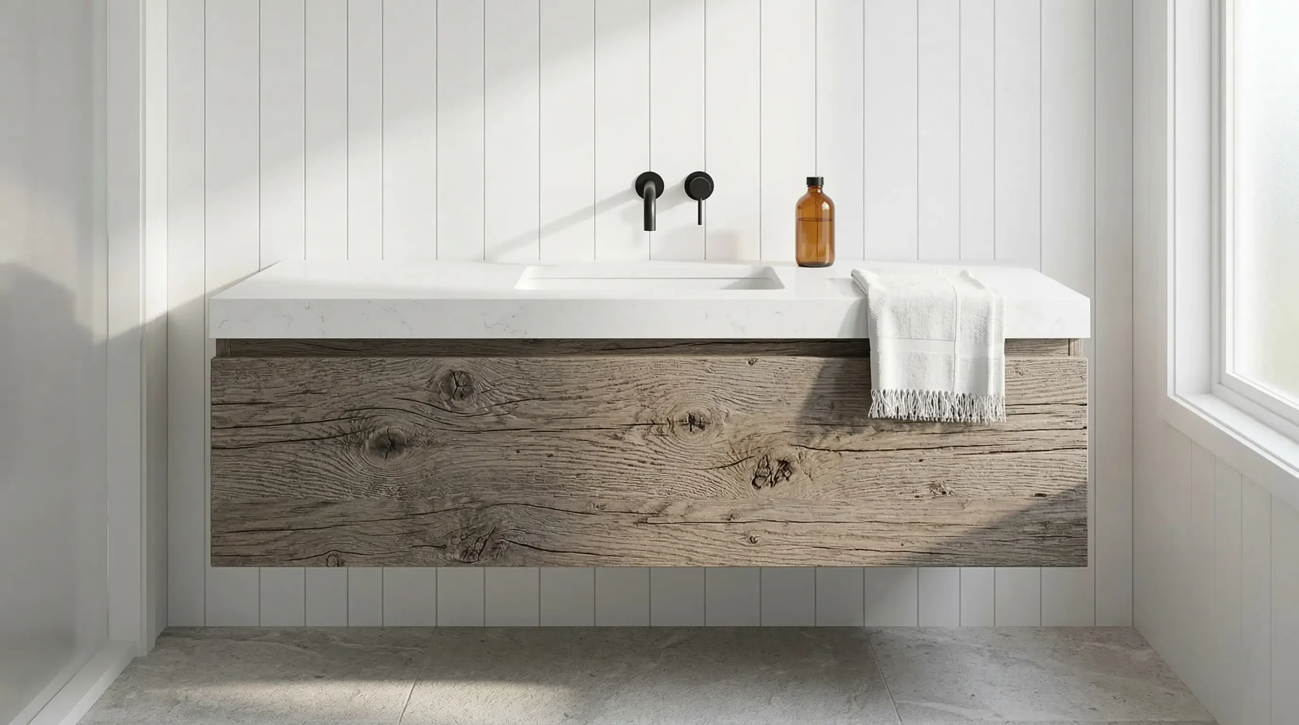 Farmhouse style rustic wooden bathroom vanity