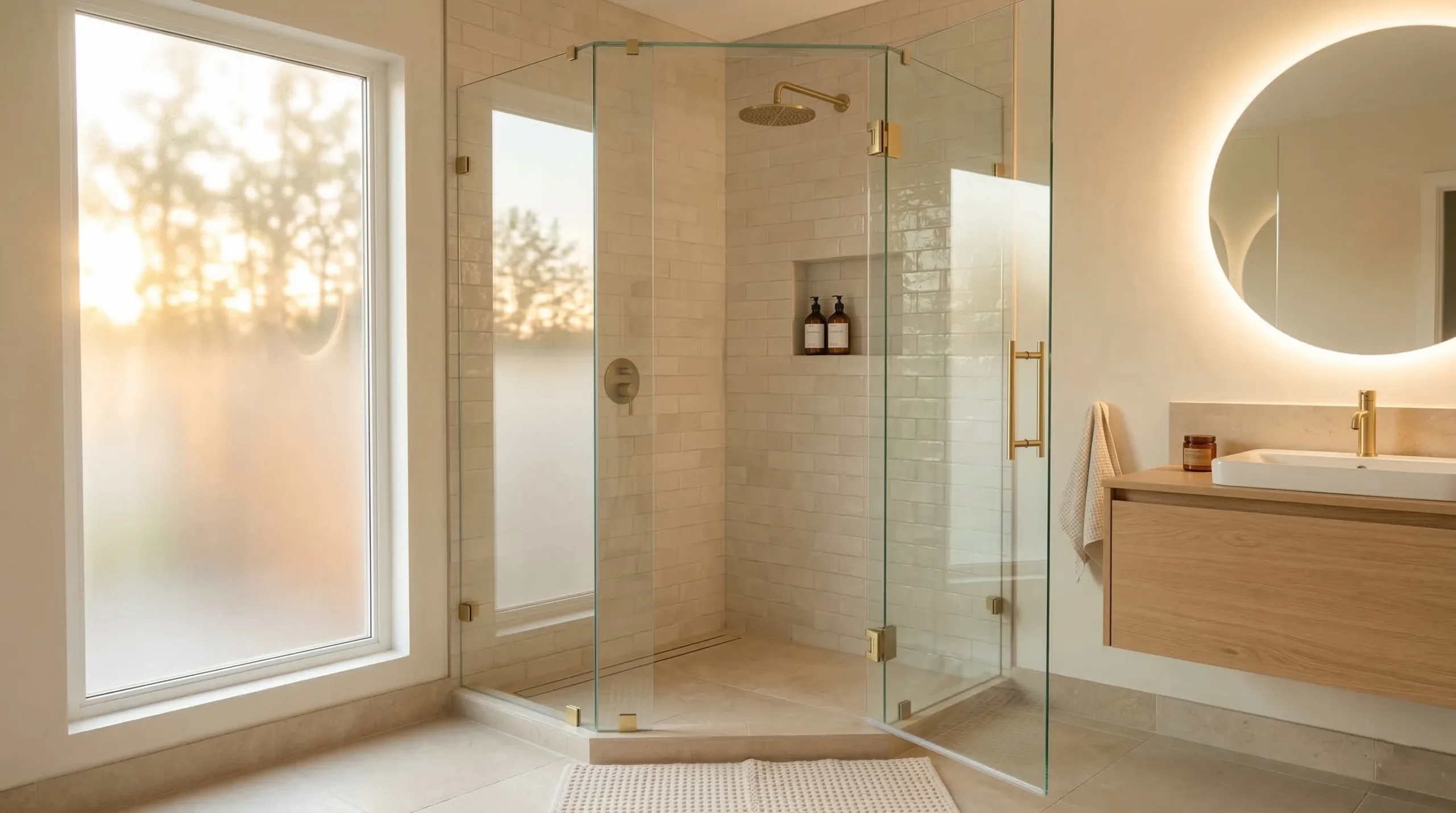Space-saving neo-angle shower door designs for modern hotel developments
