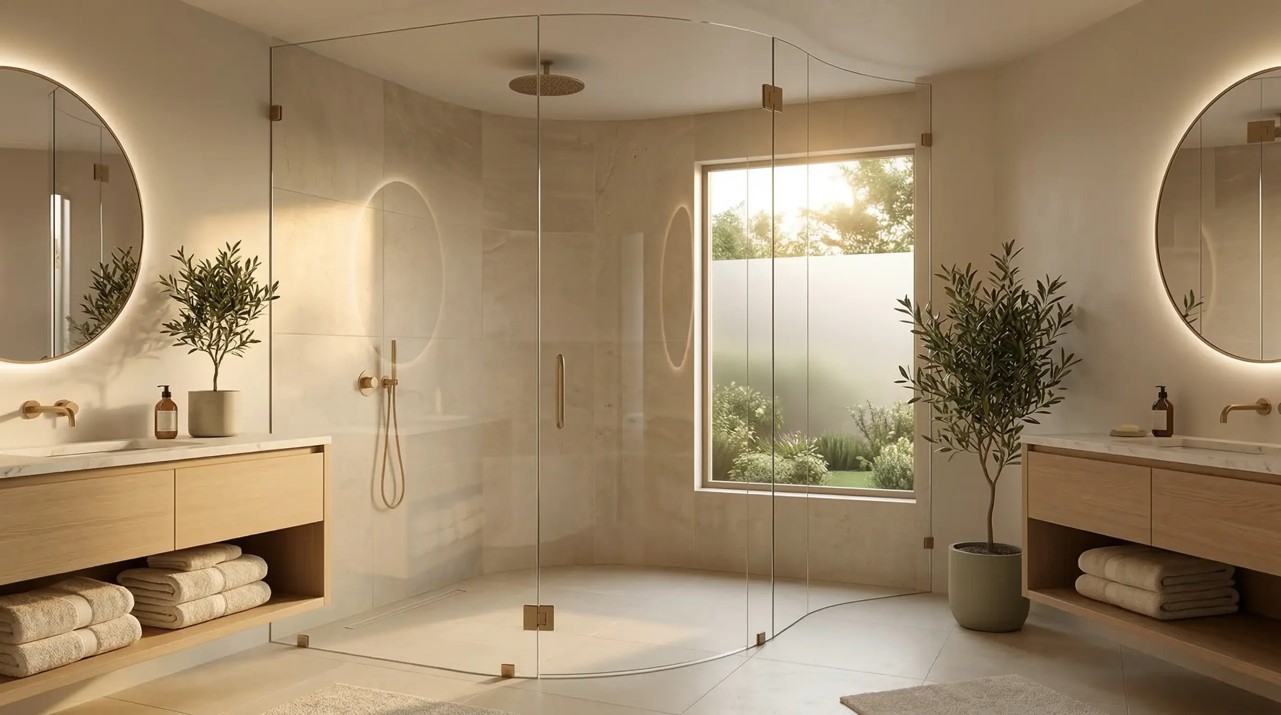 Curved glass shower doors providing a premium guest experience for luxury hotel suites
