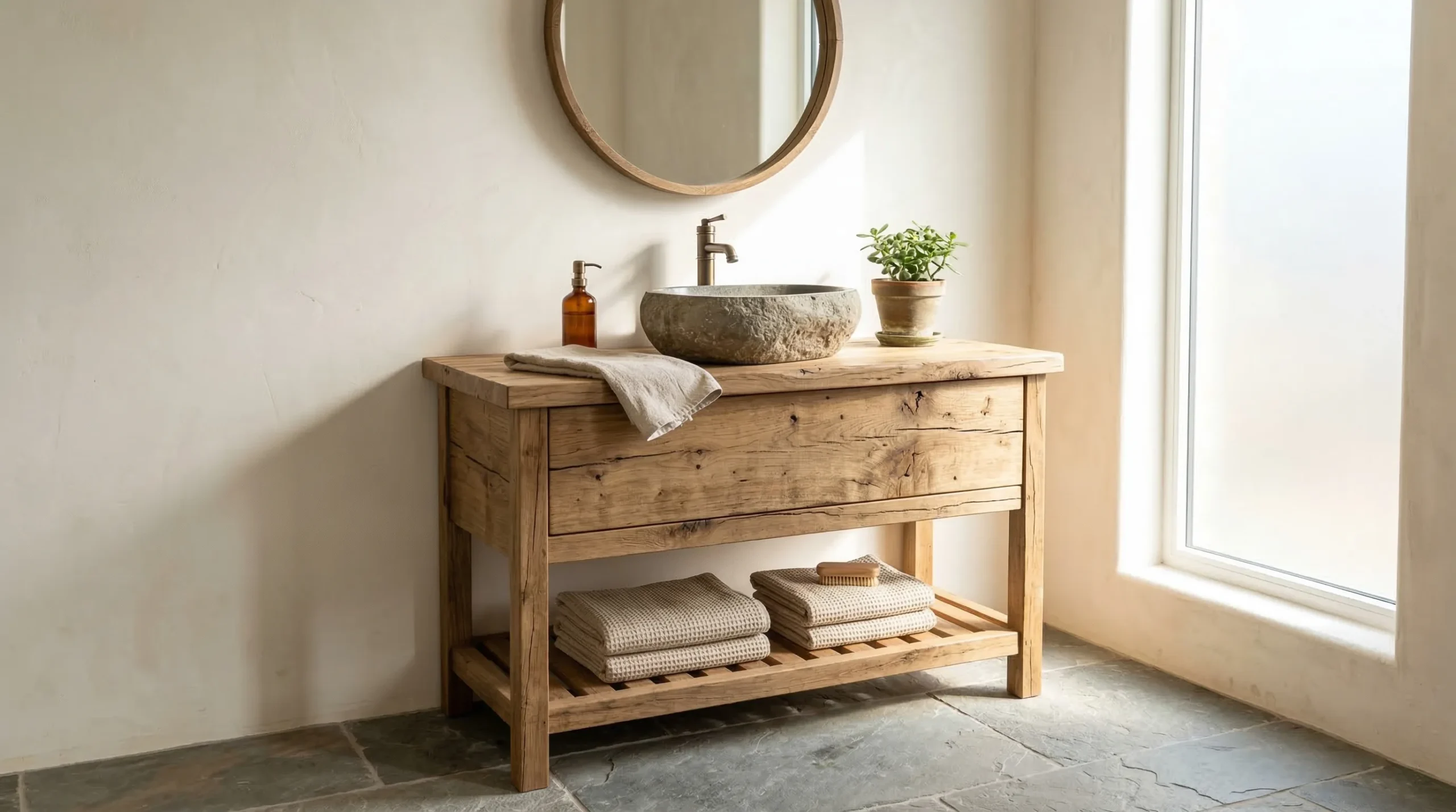 reclaimed rustic wooden bathroom vanity