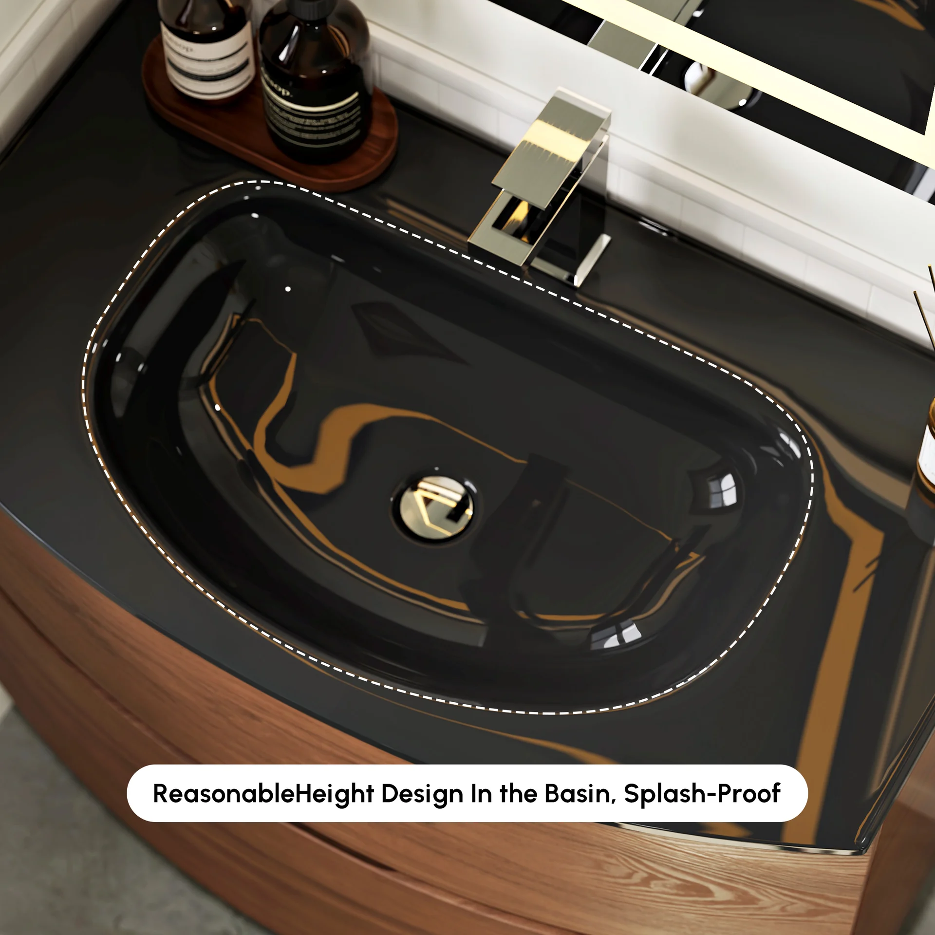 HW008 32" Modern Floating Curved Bathroom Vanity - Walnut with Seamless Integrated Black Tempered Glass Basin and Mirror. Ideal for hotels and resorts due to its splash-proof, stain-resistant, and easy-to-clean design.