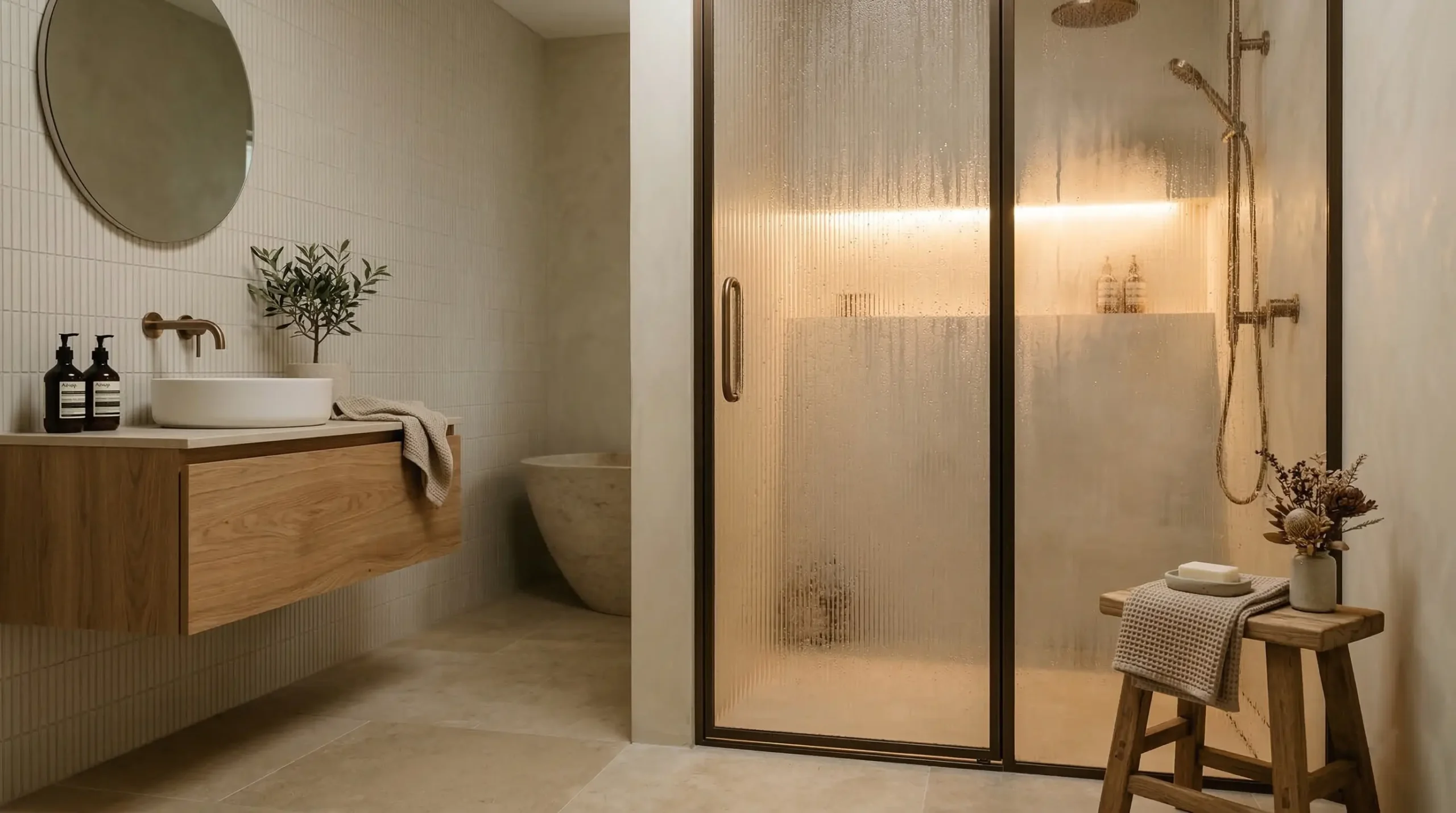 Rain glass shower door providing privacy and style for hotel bathrooms