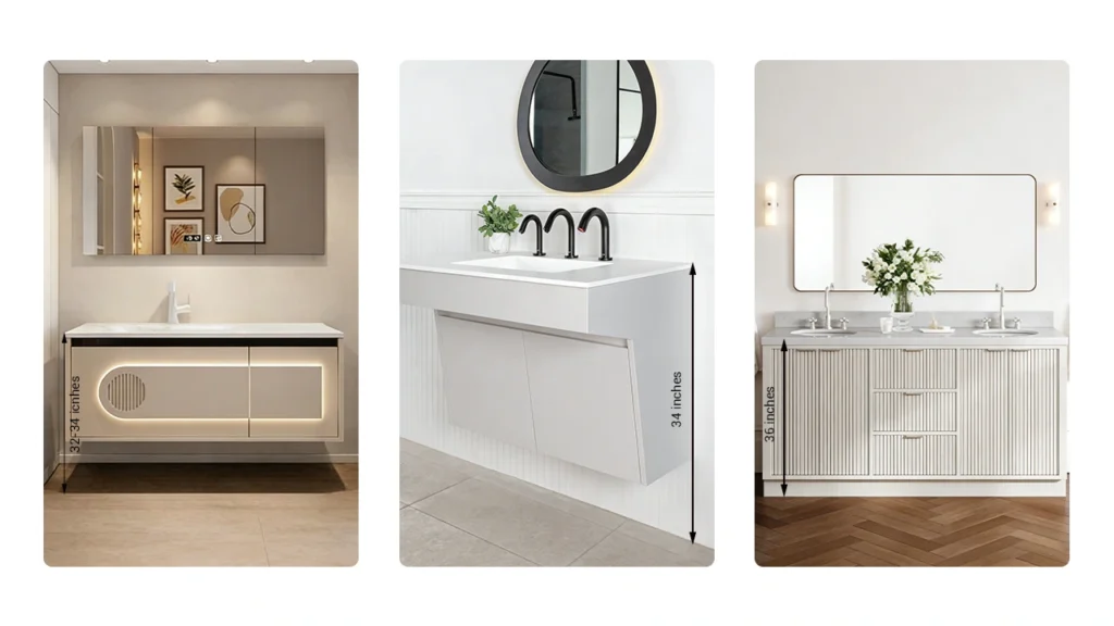 A hotel vanity height strategy diagram showing the 32–34 inch standard for guest rooms and 34-inch ADA compliant accessible units.