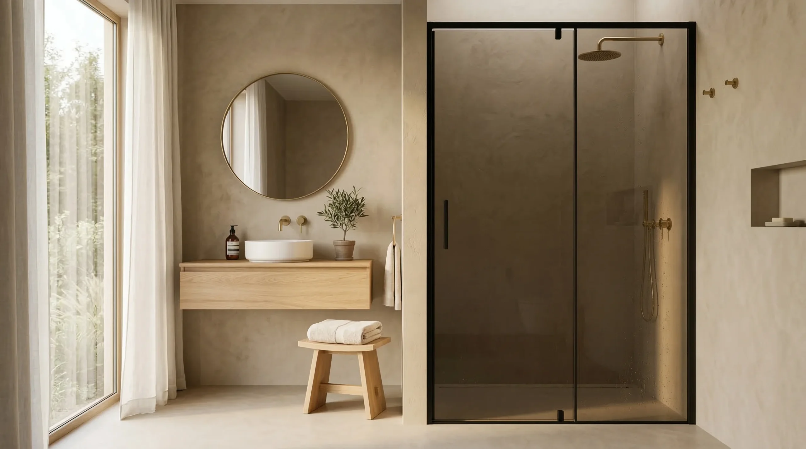 Elegant black glass shower door for luxury resort suites