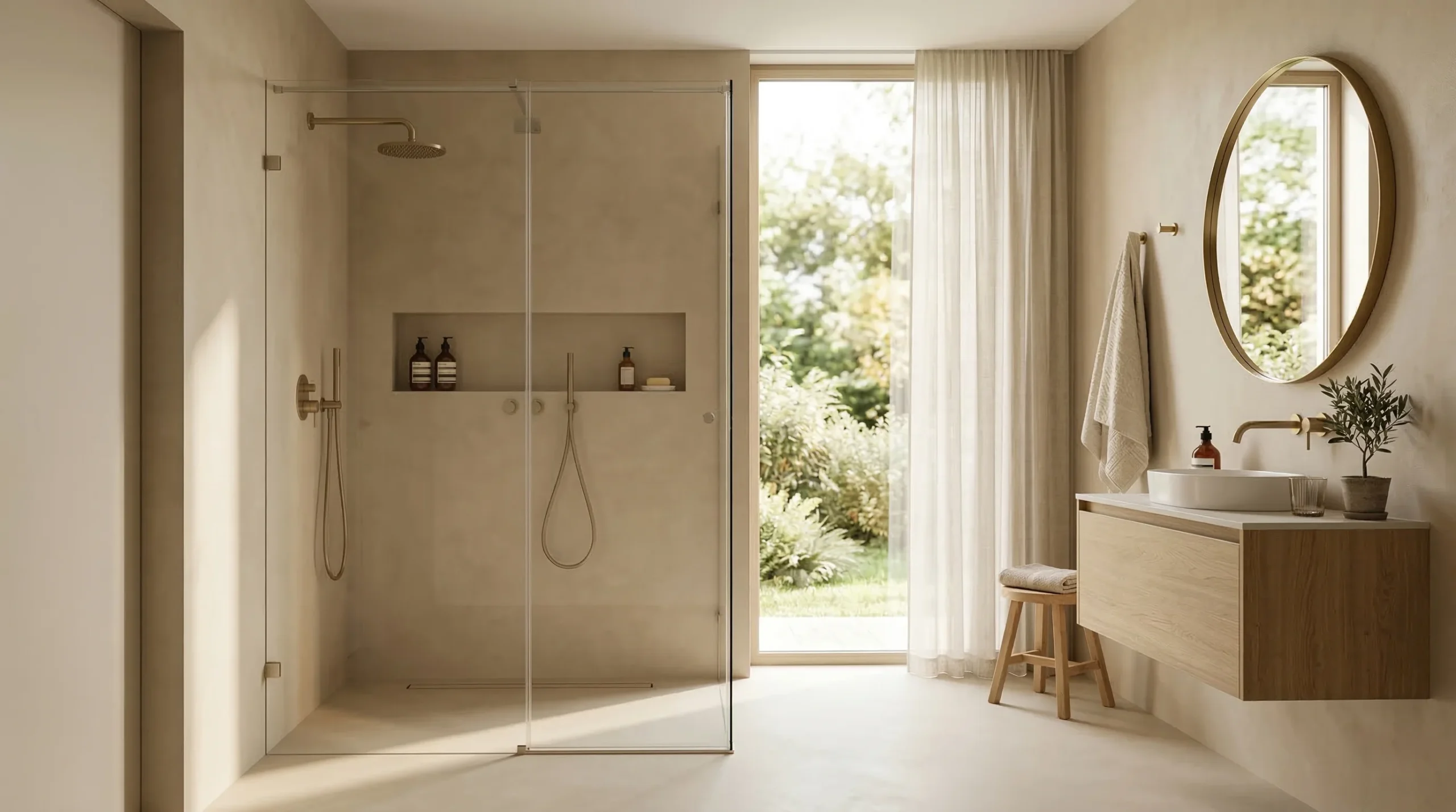 Low-maintenance clear glass shower door meeting strict commercial building standards