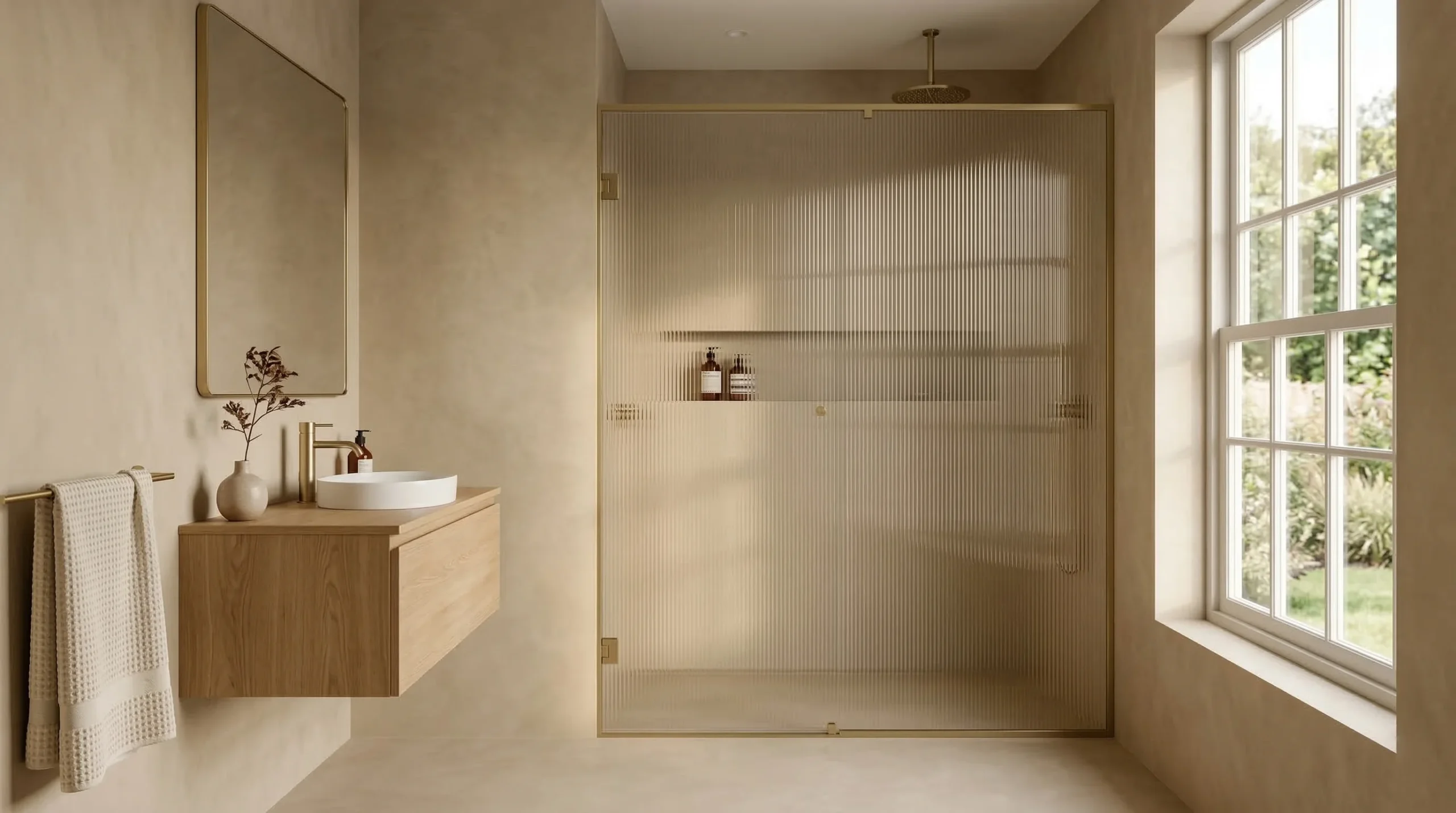 Trendy fluted glass shower door offering sophisticated aesthetics for developments