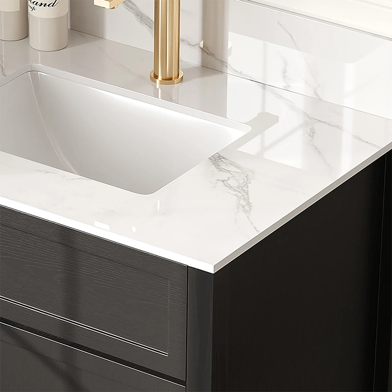 HW0003 36" Hotel Vanity: Durable sintered stone & sleek black finish. Marble elegance built for high-occupancy resort bathrooms.