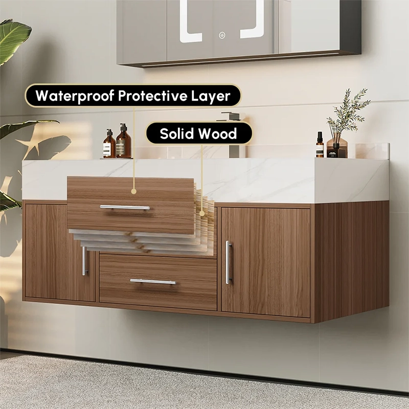 HW0001 Modern Wall-Mounted Bathroom Vanity | Luxurious wood-grain cabinet with marble countertop, featuring natural walnut veneer and moisture-resistant construction. HW0001 Modern Wall-Mounted Bathroom Vanity | Luxurious wood-grain cabinet with marble countertop, featuring natural walnut veneer and moisture-resistant construction.
