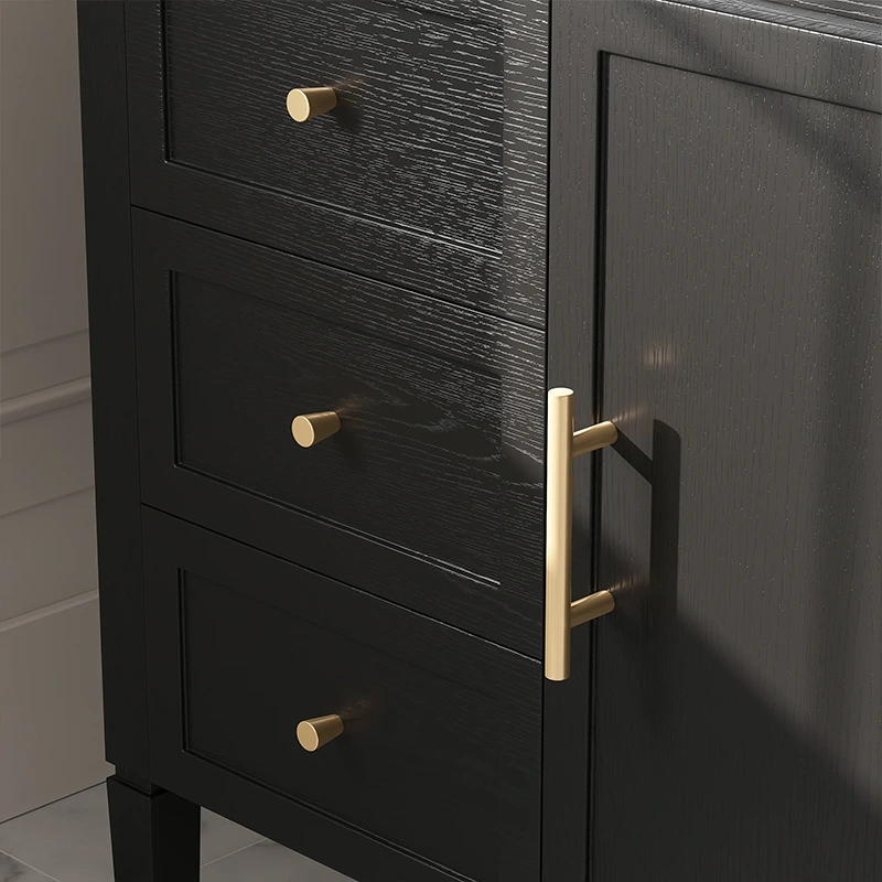 HW0003 36" Modern Black Vanity: Solid wood, sintered stone & gold hardware. Moisture-resistant luxury for high-end hotel suites.