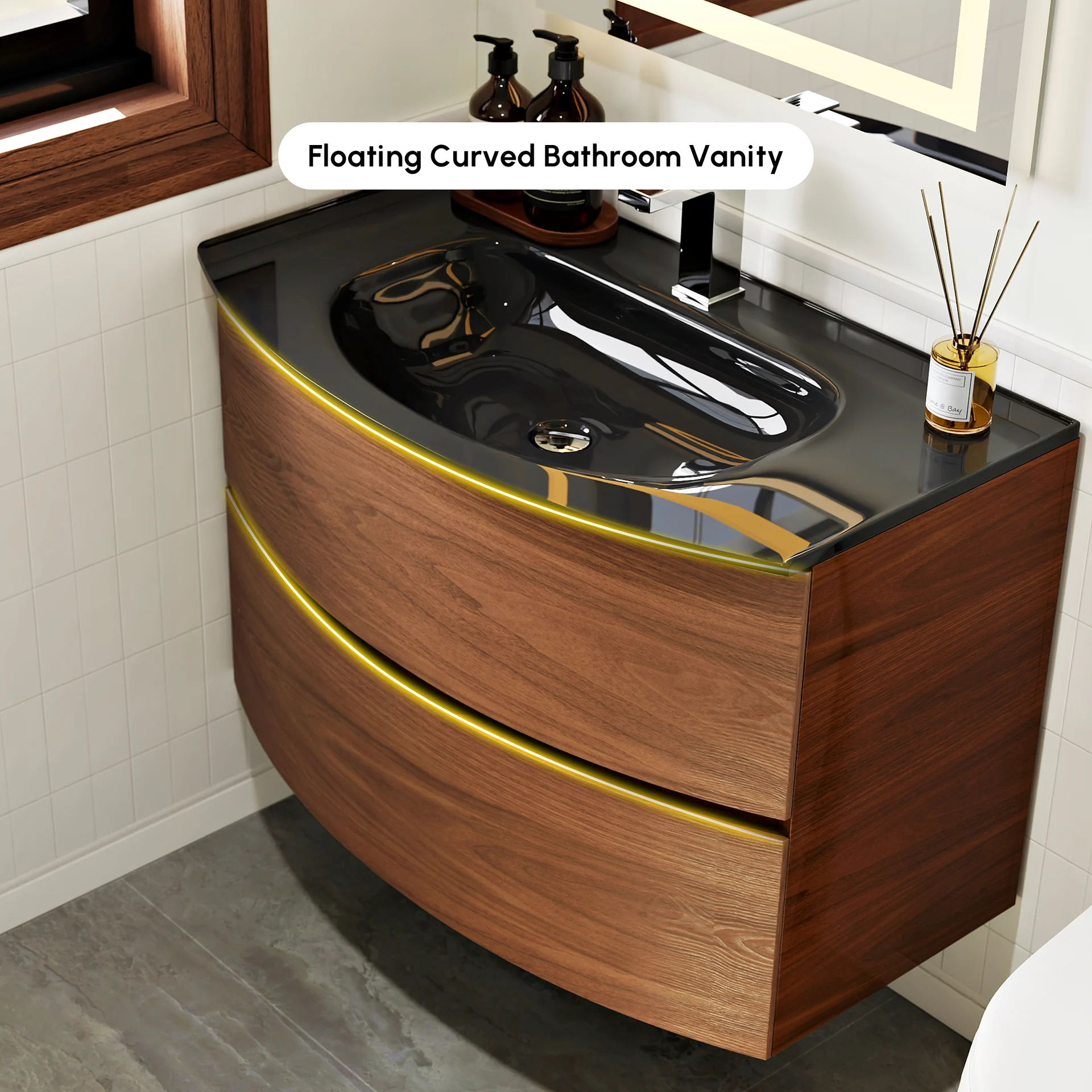 HW008 32" modern floating bathroom vanity with walnut grain finish and integrated black tempered glass sink, featuring a curved space-saving design for hotel guest rooms.