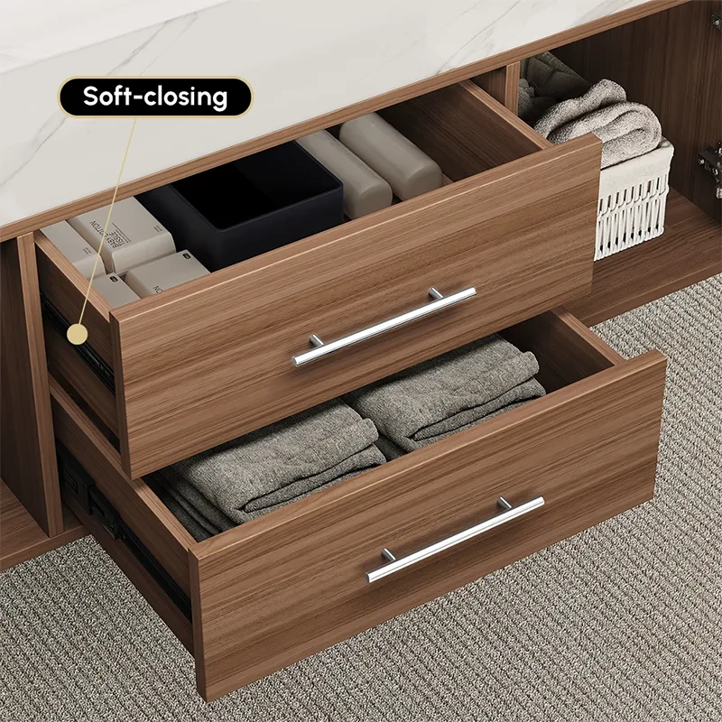 HW0001 Modern Wall-Mounted Bathroom Vanity | Luxurious wood-grain cabinet with marble countertop, featuring silent, soft-close hardware. HW0001 Modern Wall-Mounted Bathroom Vanity | Luxurious wood-grain cabinet with marble countertop, featuring silent, soft-close hardware.