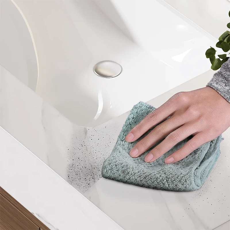 HW0001 Modern Hotel Vanity: Durable sintered stone top & soft-close hardware. Luxury wood grain design for hotels and resorts.