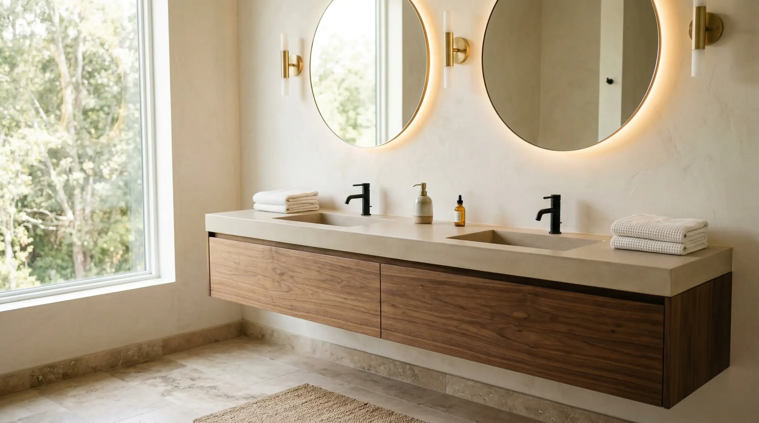 Double floating bathroom vanities custom made by George for hotel projects