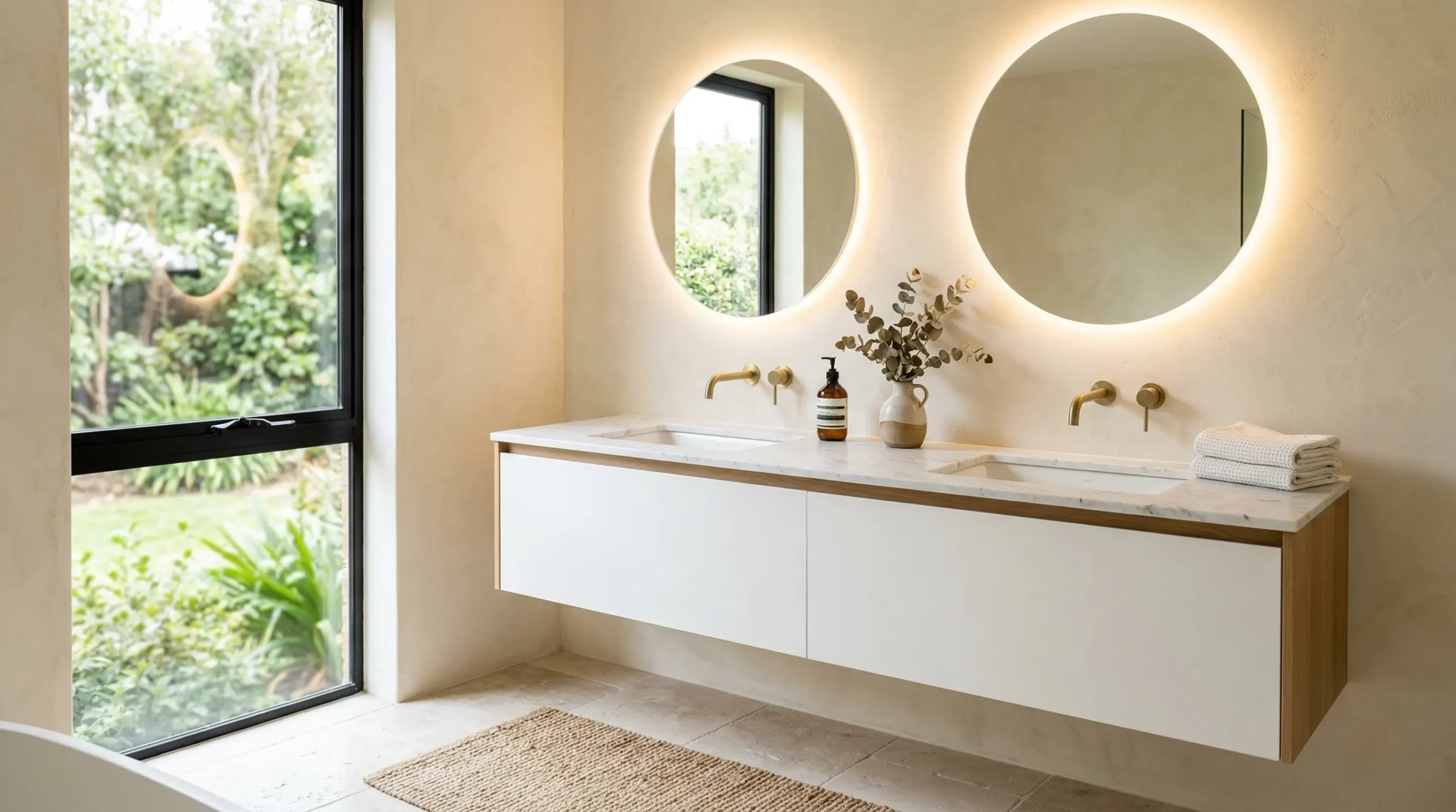 White double bathroom vanities engineered for luxury apartments by George