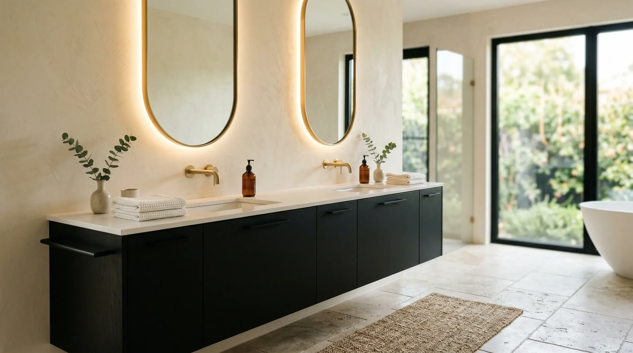 Black double bathroom vanities for high-traffic hospitality environments