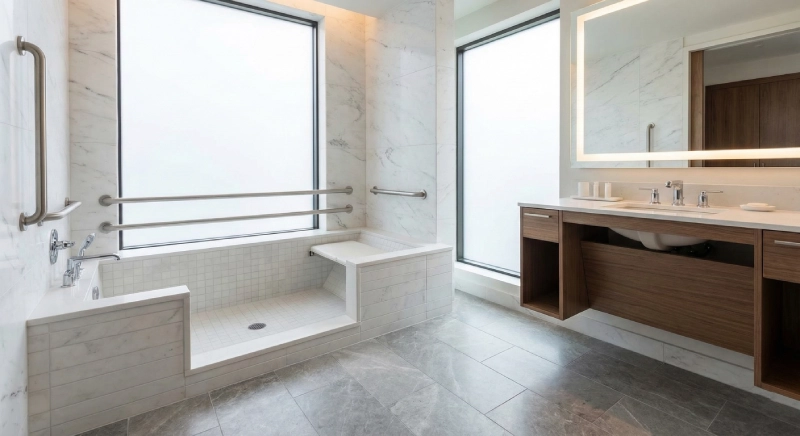 ADA bathtub installed in modern hotel bathroom with grab bars and accessible design
