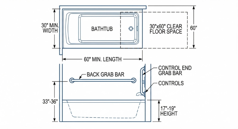 ADA bathtub requirements diagram showing grab bar placement and clear floor space