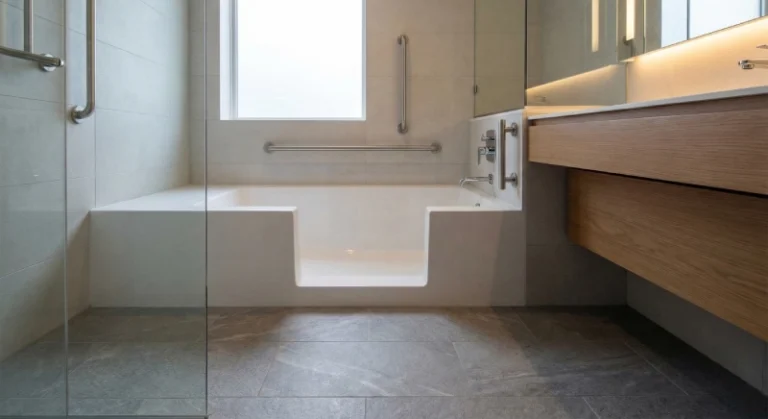 ADA bathtub transfer type installed in hotel bathroom with grab bars and accessible controls