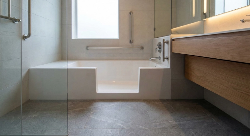 ADA bathtub transfer type installed in hotel bathroom with grab bars and accessible controls