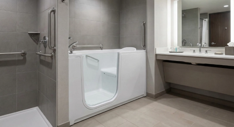 ADA bathtub walk in design with door and grab bars for accessible bathrooms