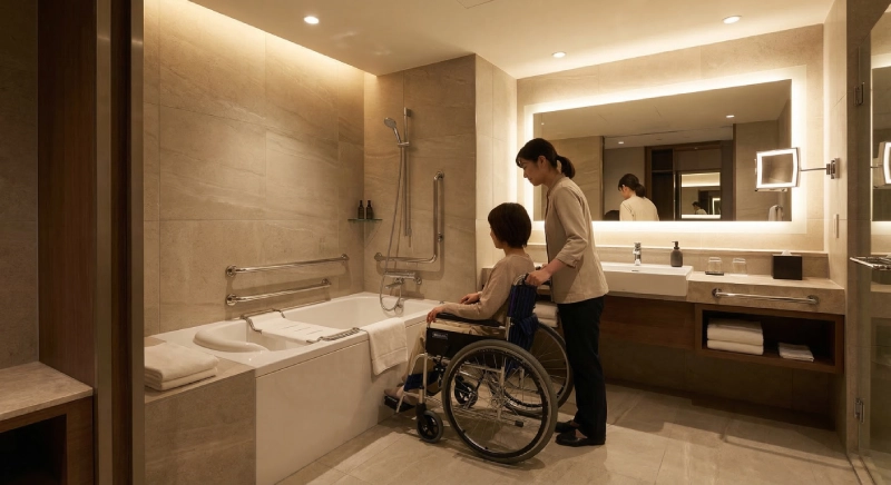 ADA-compliant hotel bathtub showing coordinated grab bars and transfer seat, illustrating ADA bathroom requirements