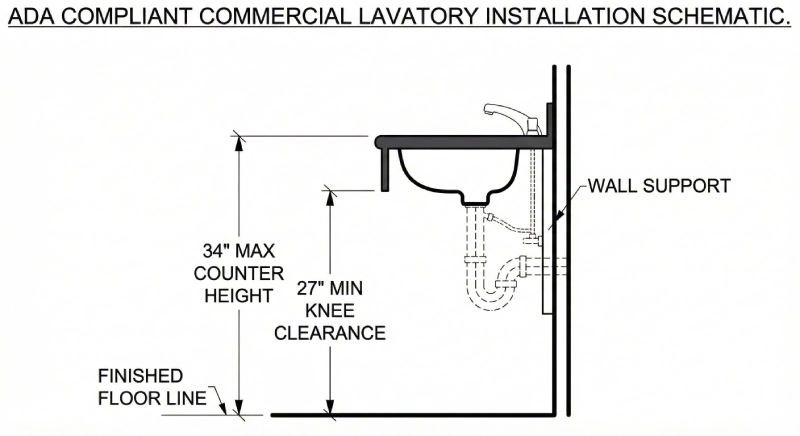 ADA sink installation diagram showing height and knee clearance dimensions required under ADA bathroom faucet requirements